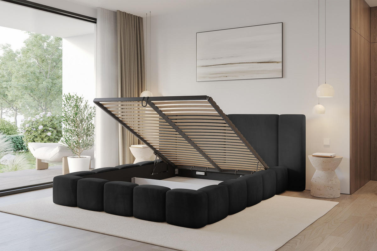 POLSTERBETT mit Bettkasten und Lattenrost, Bett mit Matratze H3/H4 - NILO 140x200 Schwarz - Schwarz, Holzwerkstoff/Textil (140/200cm) - ALTDECOR