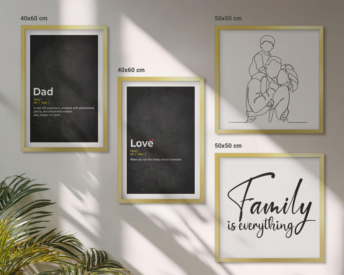 BILDER SET 4er Set - 50x50 cm & 40x60 cm Goldrahmen - Definitionen der Liebe in Familienzeichnungen - Goldfarben, Kunststoff (50/50cm) - TULUP
