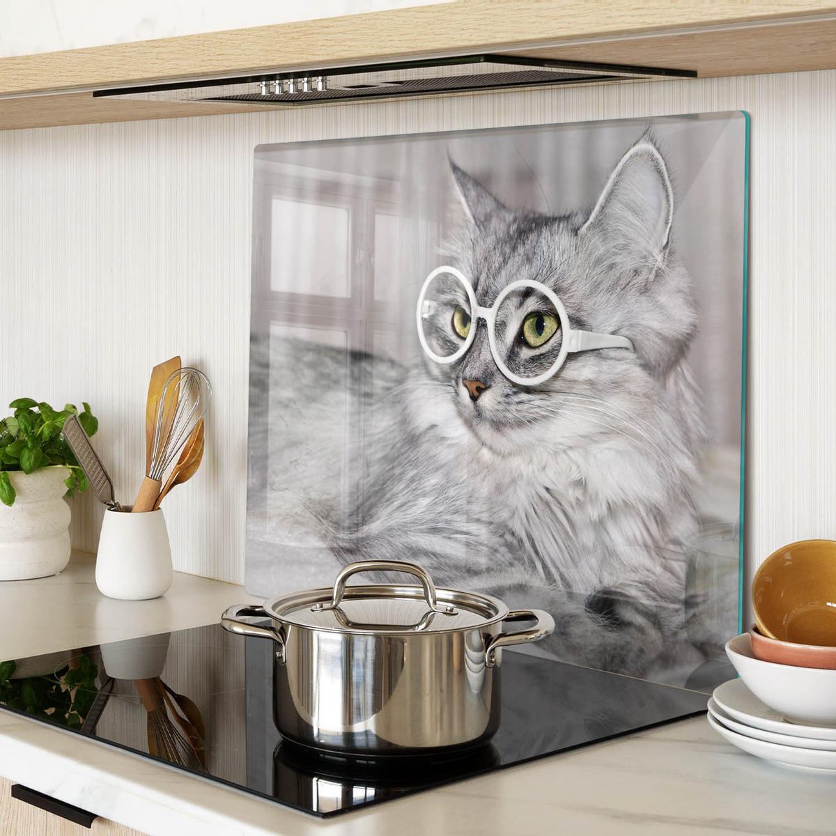 GLASPLATTE 60x52 cm Katze mit Brille - Grau, Glas (60/52cm) - TULUP