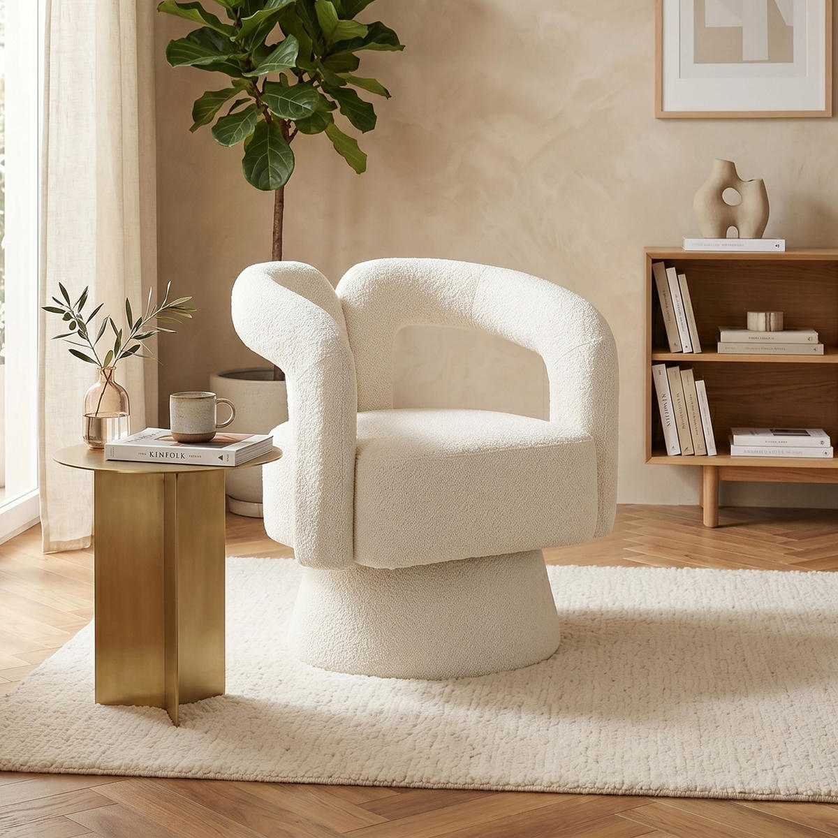 DREHSESSEL 360° Boucle Akzentstuhl Polstersessel für Wohnzimmer & Büro - Beige, Textil (67/74/55cm) - Urban Meuble