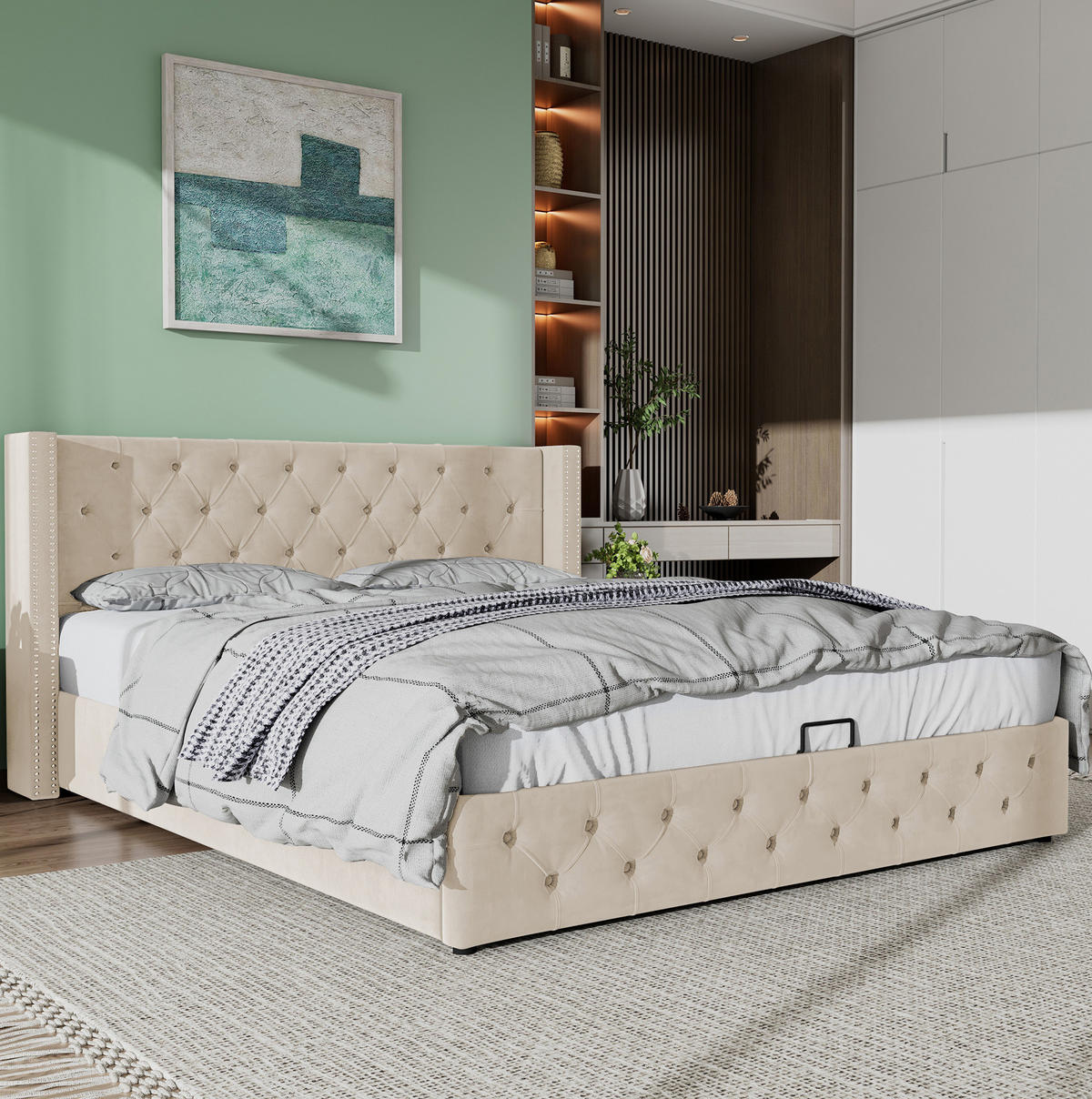 POLSTERBETT 160/200 cm mit hydraulischem Bettkasten, Chesterfield-Kopfteil, Beige - Beige, Textil (160/200cm) - Redom