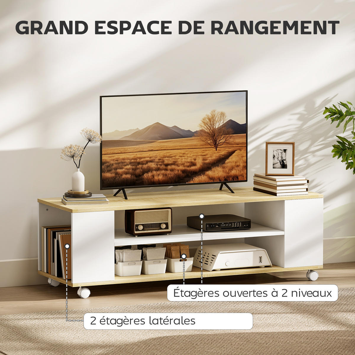 TV-LOWBOARD Weiß/Natur 120/40/38,5 cm, mit Rollen, Wandmontage möglich - Weiß, Holzwerkstoff (120/38.5/40cm) - PANGIVO