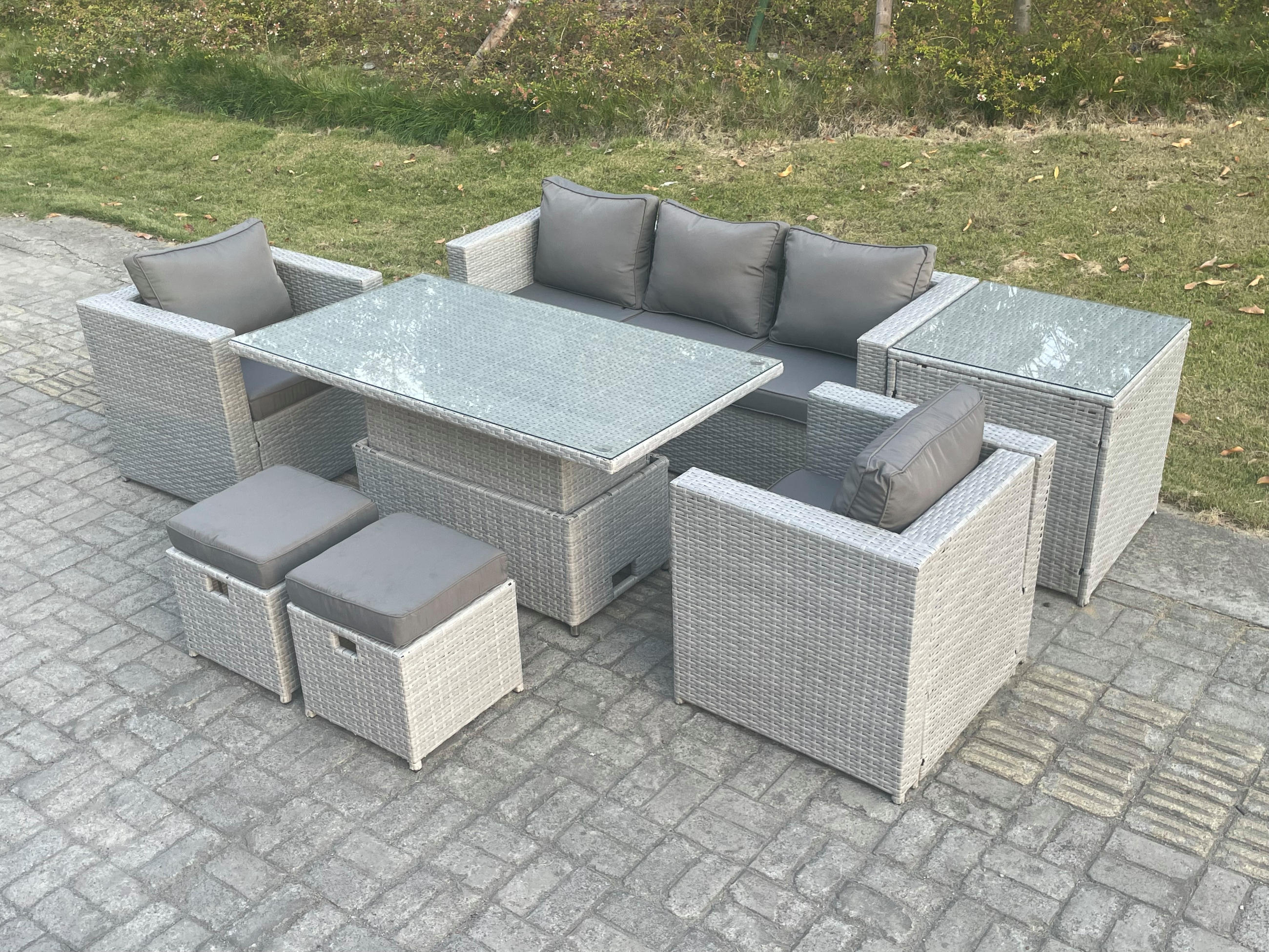 GARTENSOFA SET mit höhenverstellbarer Tisch Polyrattan Helles Grau 7-teilige - Hellgrau, Metall - Fimous