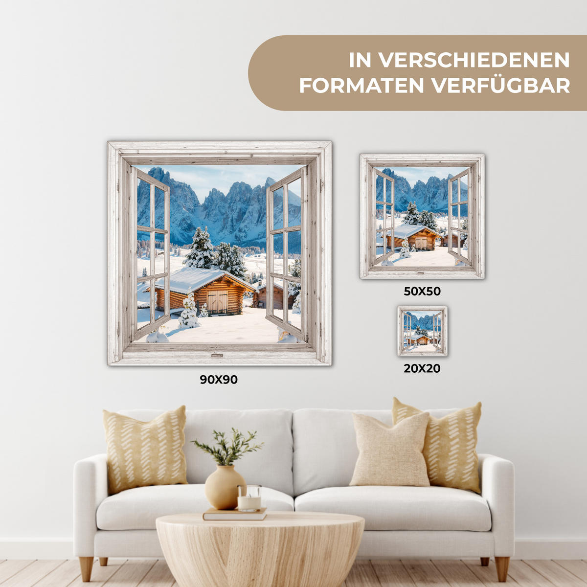 LEINWANDBILD Winterlandschaft - Hütte - Berge - Ausblicke - Aussicht - Natur 50x50 cm - Weiß Hochglanz, Textil (50/50cm) - MuchoWow