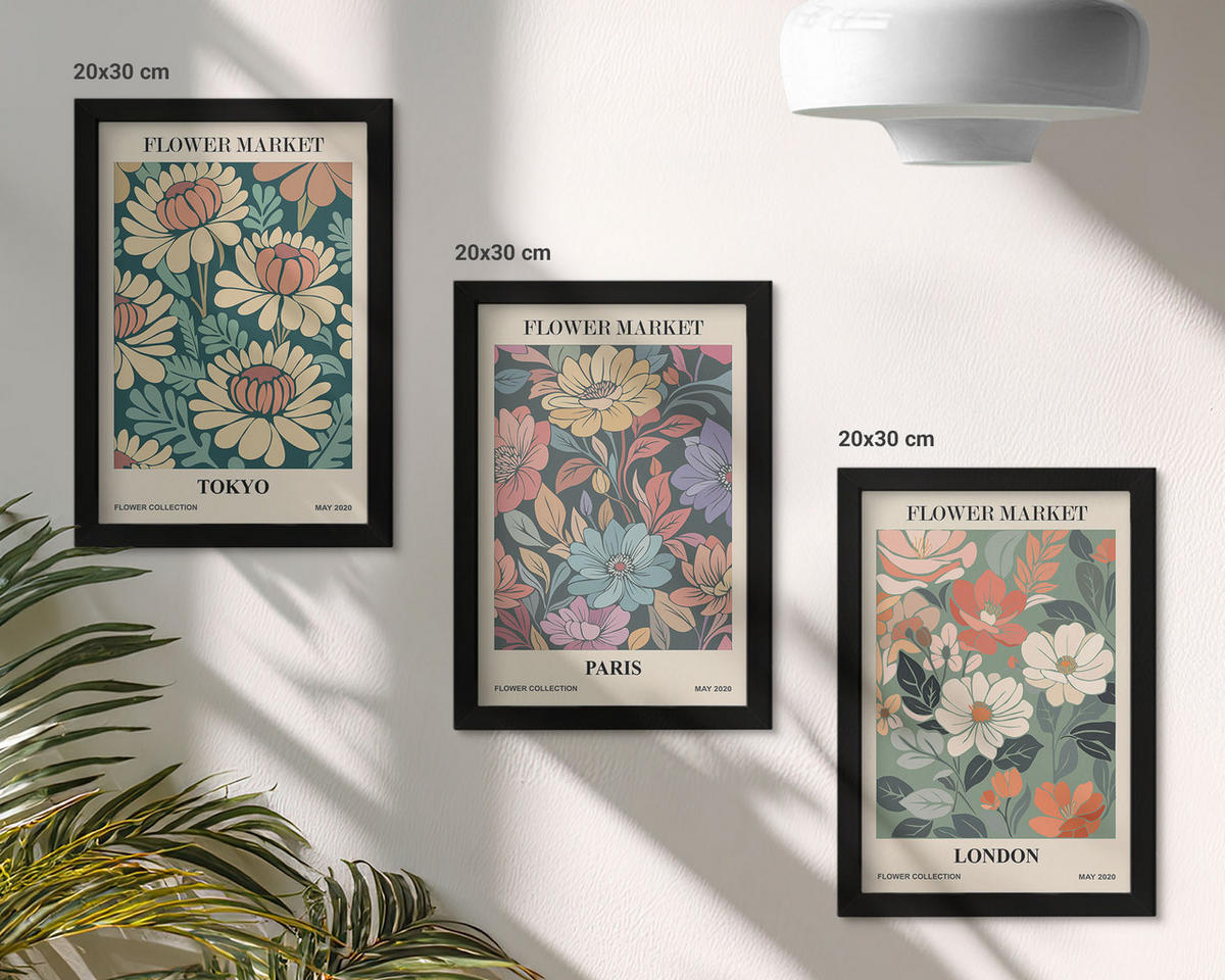 BILDER SET 3er Set - 20x30 cm Schwarzer Rahmen - Blumenposter Tokio Paris London - Schwarz, Kunststoff (20/30cm) - TULUP