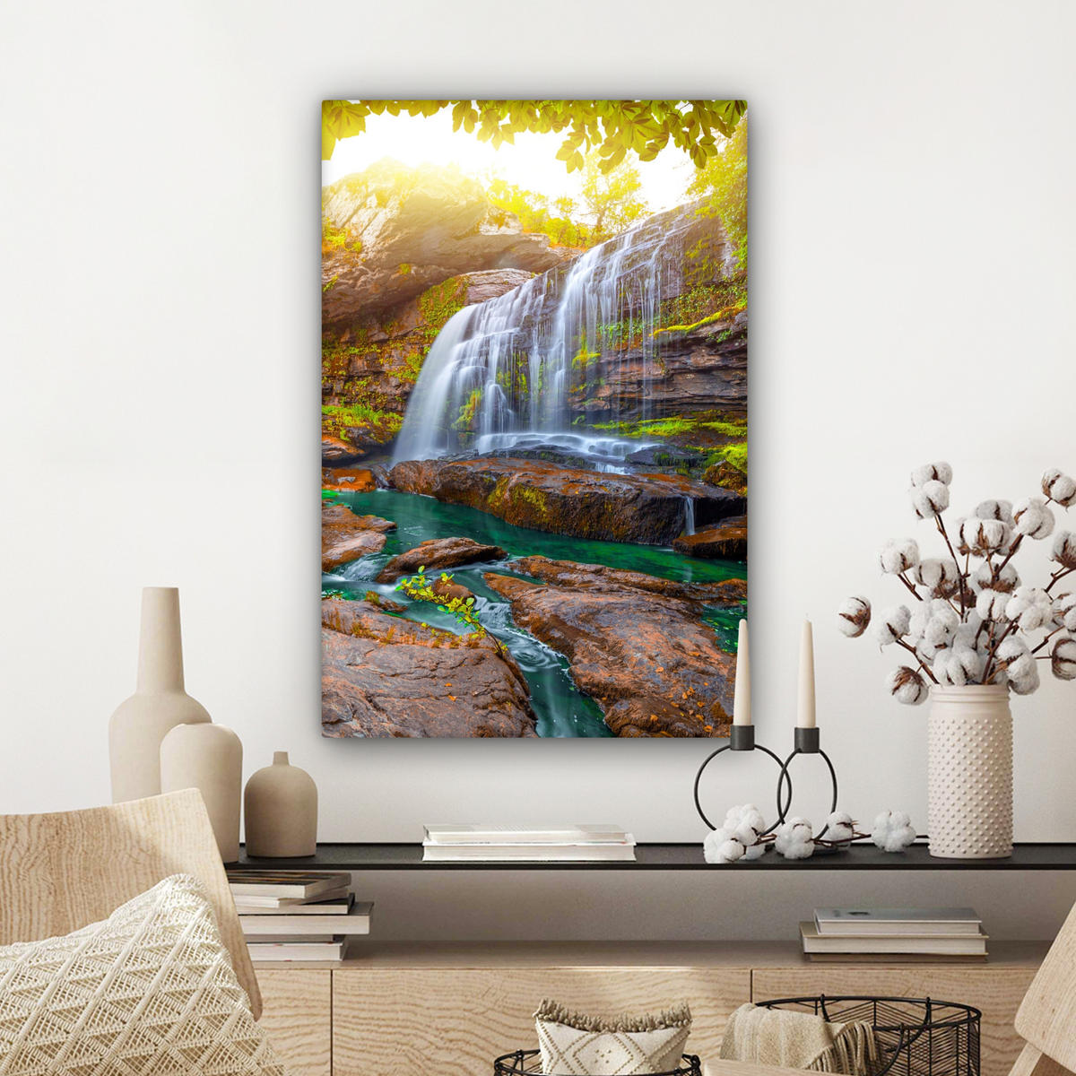 LEINWANDBILD Natur - Wasserfall - Pflanzen - Bäume - Sonne Wanddeko Schlafzimmer 60x90 cm - Olivgrün, Textil (60/90cm) - MuchoWow