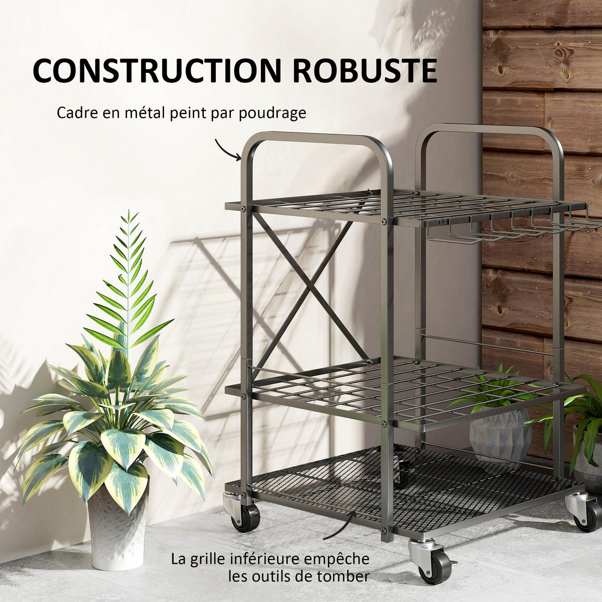 GARTENREGAL DE-13808 mit Rollen und 40 Fächern Schwarz - Schwarz, Metall (48/70/57cm) - ComfortXL