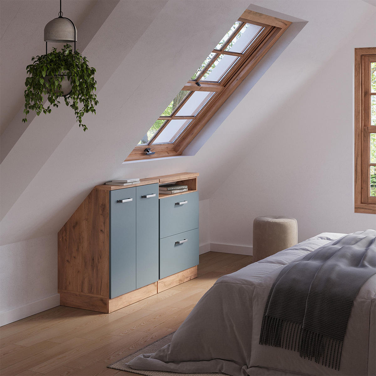 KUCHYŇSKÁ SKŘÍŇKA POD ŠIKMOU STŘECHU R-Line Modrošedý/zlatý dub - medově dubová/šedohnědá, kompozitní dřevo (120/81.6/46cm) - Vicco