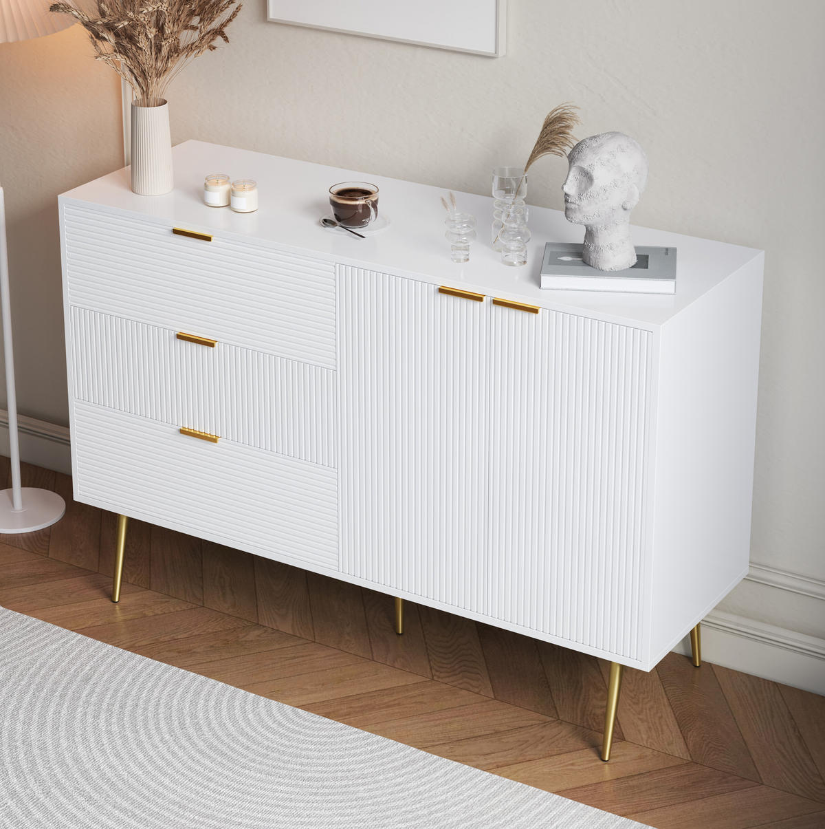 SIDEBOARD 120/38/80,5 cm in Weiß mit 3 Schubladen und 2 Türen - Weiß, Holzwerkstoff (120/80.5/38cm) - Flora Grace