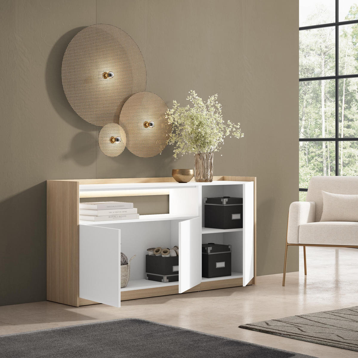 SIDEBOARD, Weiß und Eiche, 156/37/80cm, mit Led - Weiß, Holzwerkstoff (156/80/37cm) - Skraut Home