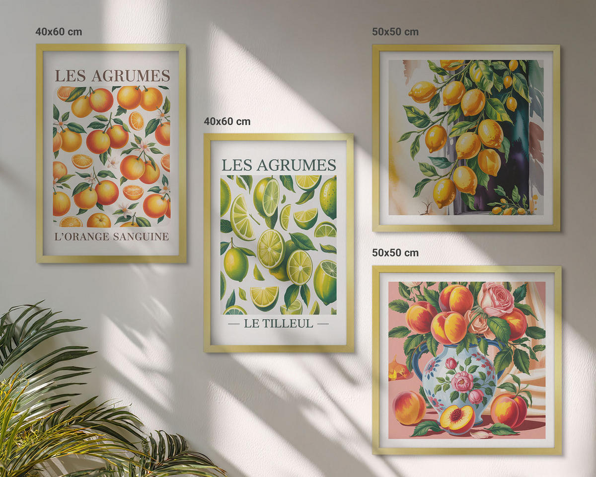 WANDBILDER 4er Set - 50x50 cm & 40x60 cm Goldrahmen - Frische, farbenfrohe Zitrusfrüchte - Goldfarben, Kunststoff (50/50cm) - ArtPrintCave