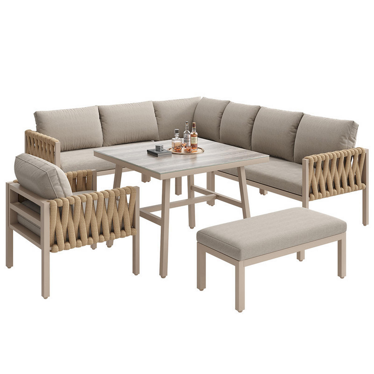 GARTENLOUNGE-SET BEIGE mit Seilgeflecht verstellbaren Beinen und Glastisch inkl. Kissen - Beige, Textil - BLACKCUP