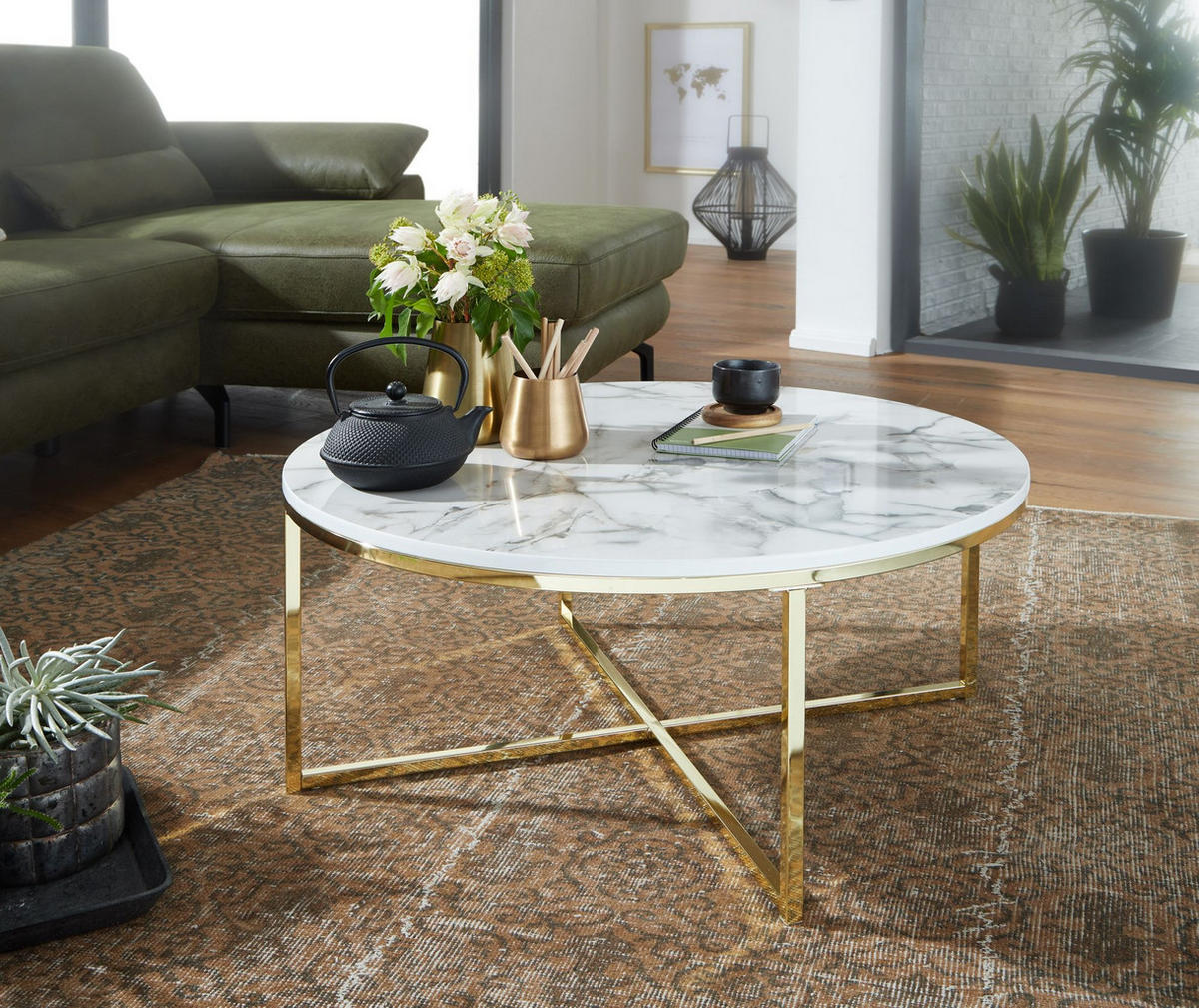 COUCHTISCH mit Marmor-Optik und Hochglanz-Finish, rund, Weiß 80x80x35 cm - Goldfarben/Weiß, Holz/Metall (80/80/35cm) - KADIMA DESIGN