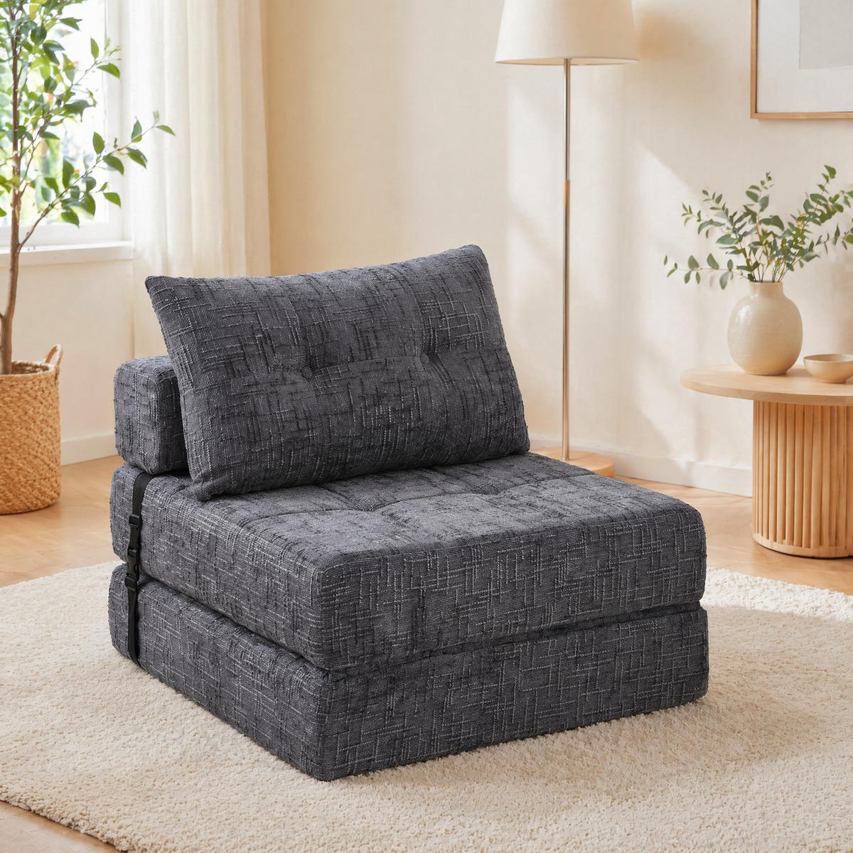 SCHLAFSESSEL Grau mit Kopf- und Lumbalkissen, Chenille - Grau, Textil/Metall (79/57/79cm) - CHICFURN