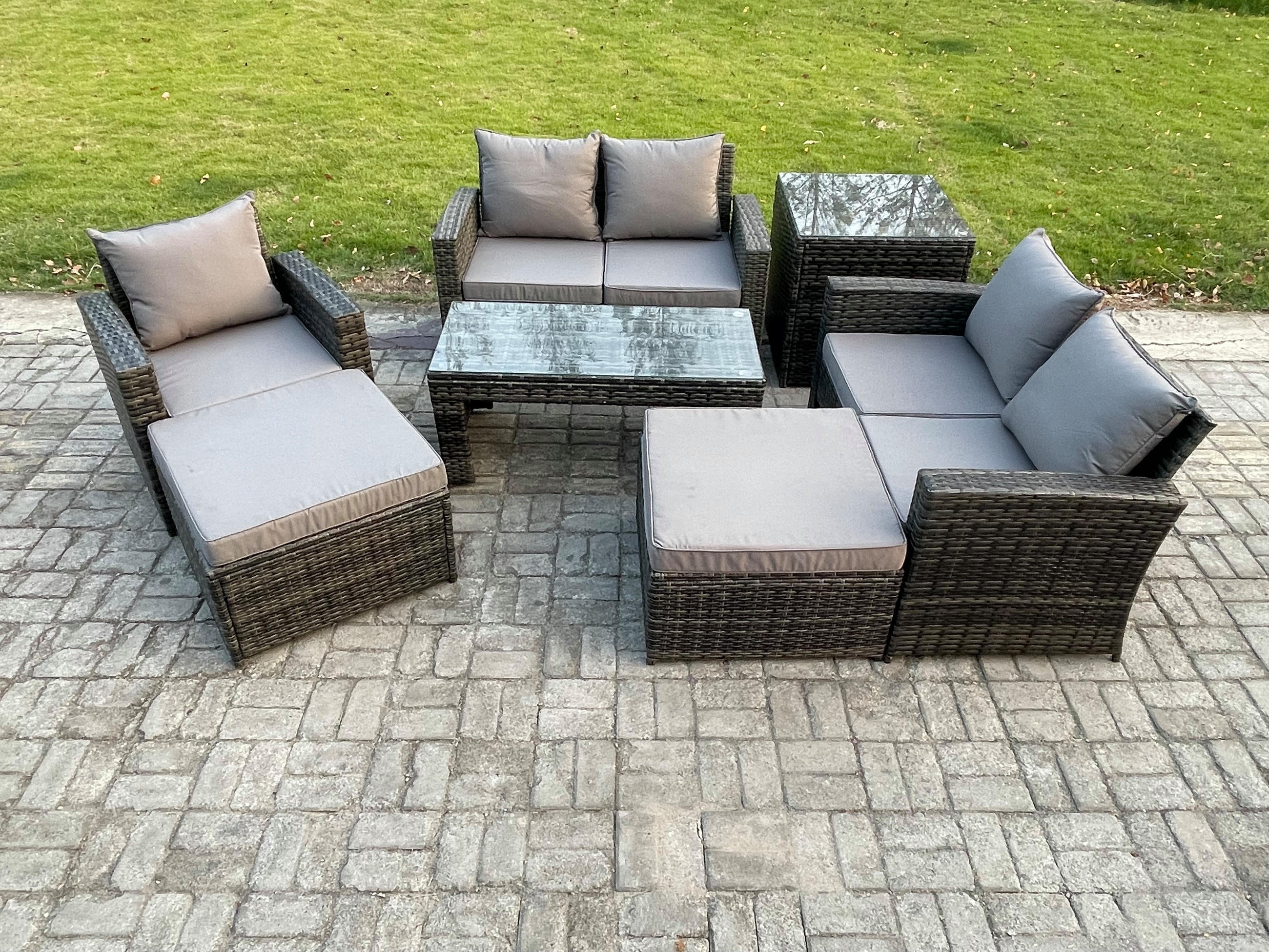 GARTEN SOFA SET MIT BEISTELLTISCH 2 HOCKER COUCHTISCH Polyrattan Dunkelgrau Gemischt 7-Sitzer - Dunkelgrau, Metall - Fimous