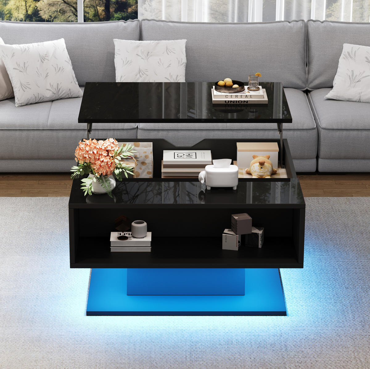 COUCHTISCH 80/75/40 cm mit Liftfunktion und LED-Beleuchtung in Schwarz - Schwarz, Holzwerkstoff (80/77/40cm) - Flora Grace