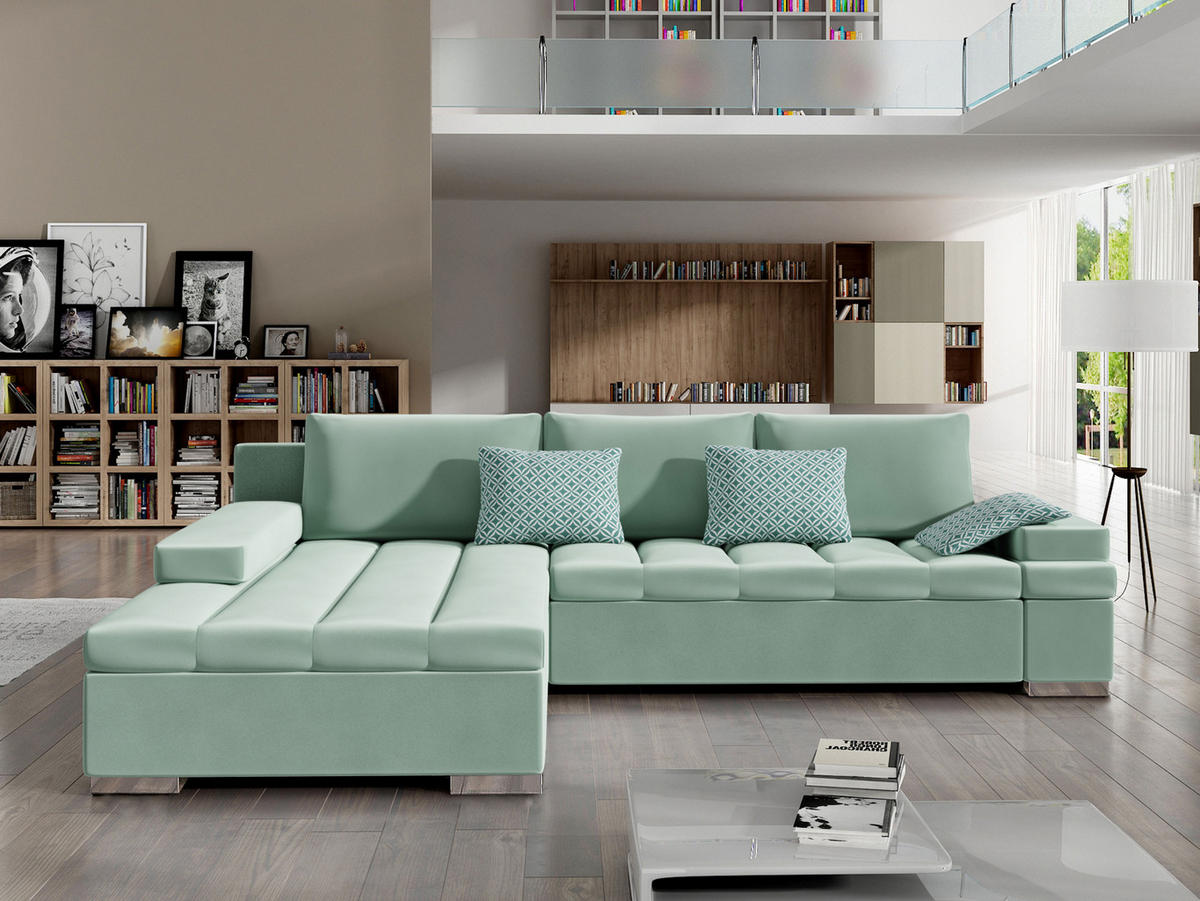 ECKSOFA Bangkok, Seite: Links - Silberfarben/Mintgrün, Holz/Textil (310/175cm) - MIRJAN24