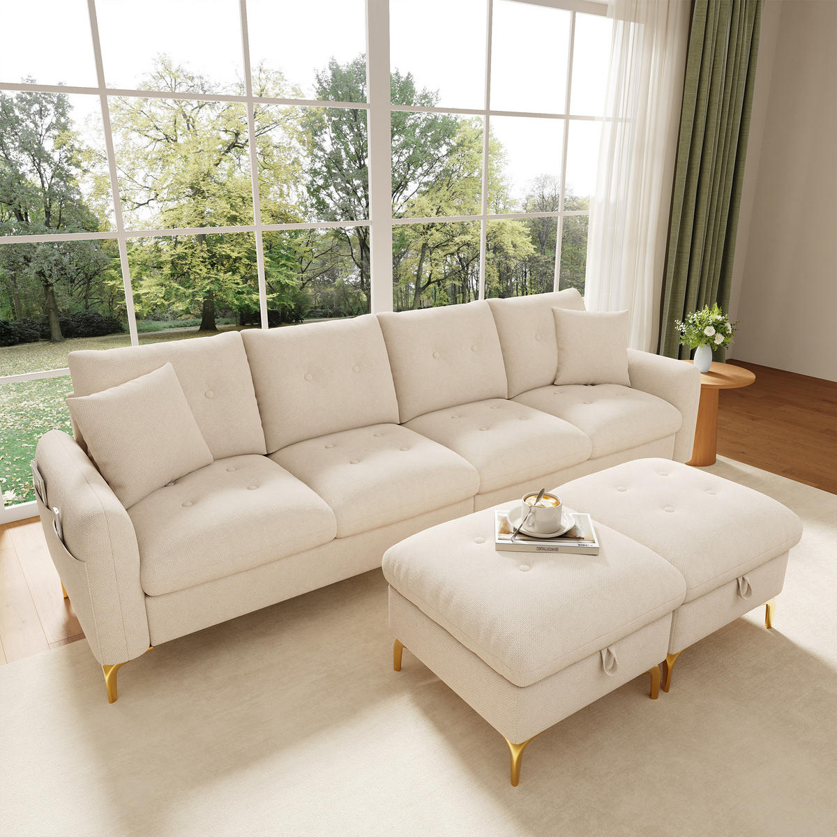 WOHNLANDSCHAFT U-Form 4-Sitzer mit 2 Stauraumhockern, DE-42504, Beige - Beige, Holzwerkstoff (263/85/137cm) - ComfortXL