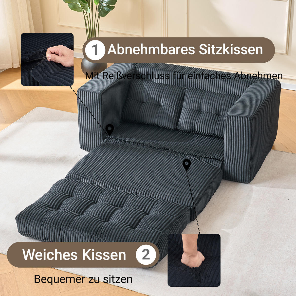 SCHLAFSOFA DE-35274 2-in-1 Schwarz - Schwarz, Textil (85/54/140cm) - ComfortXL