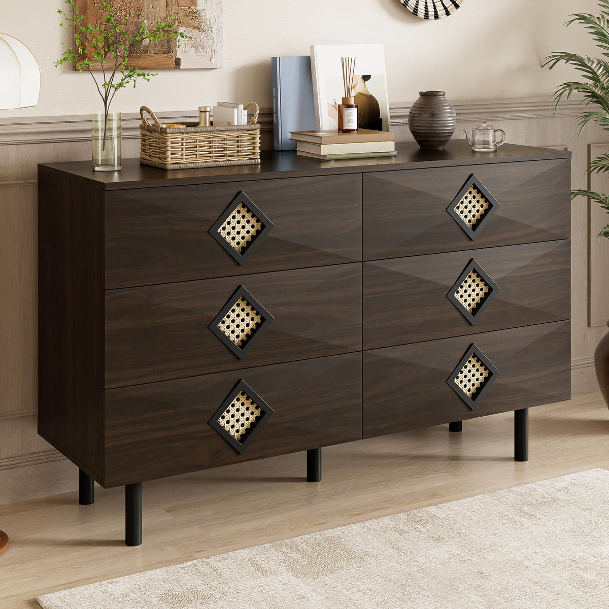 SIDEBOARD 6 Schubladen Rattan-Griff für Schlafzimmer & Wohnzimmer - Walnussfarben, Holzwerkstoff (40/74/120cm) - FLIEKS