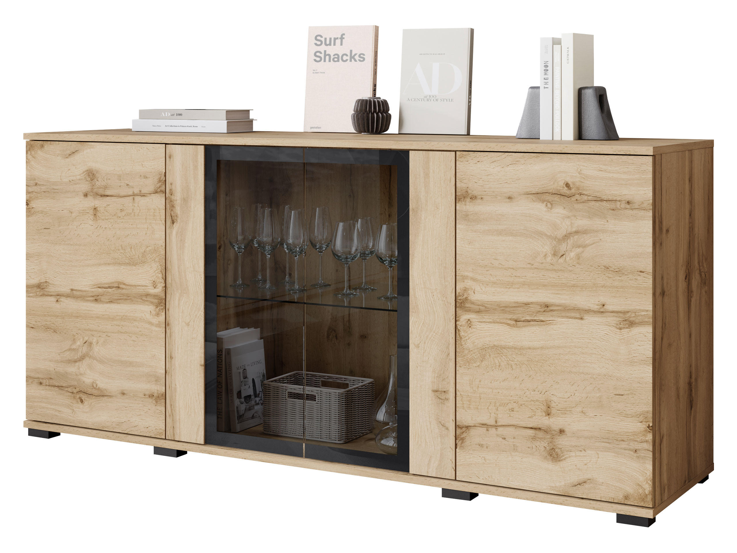 KOMMODE Caro SB 154 4D - Eiche Wotan/Schwarz, Holzwerkstoff/Kunststoff (150/70/40cm) - MIRJAN24