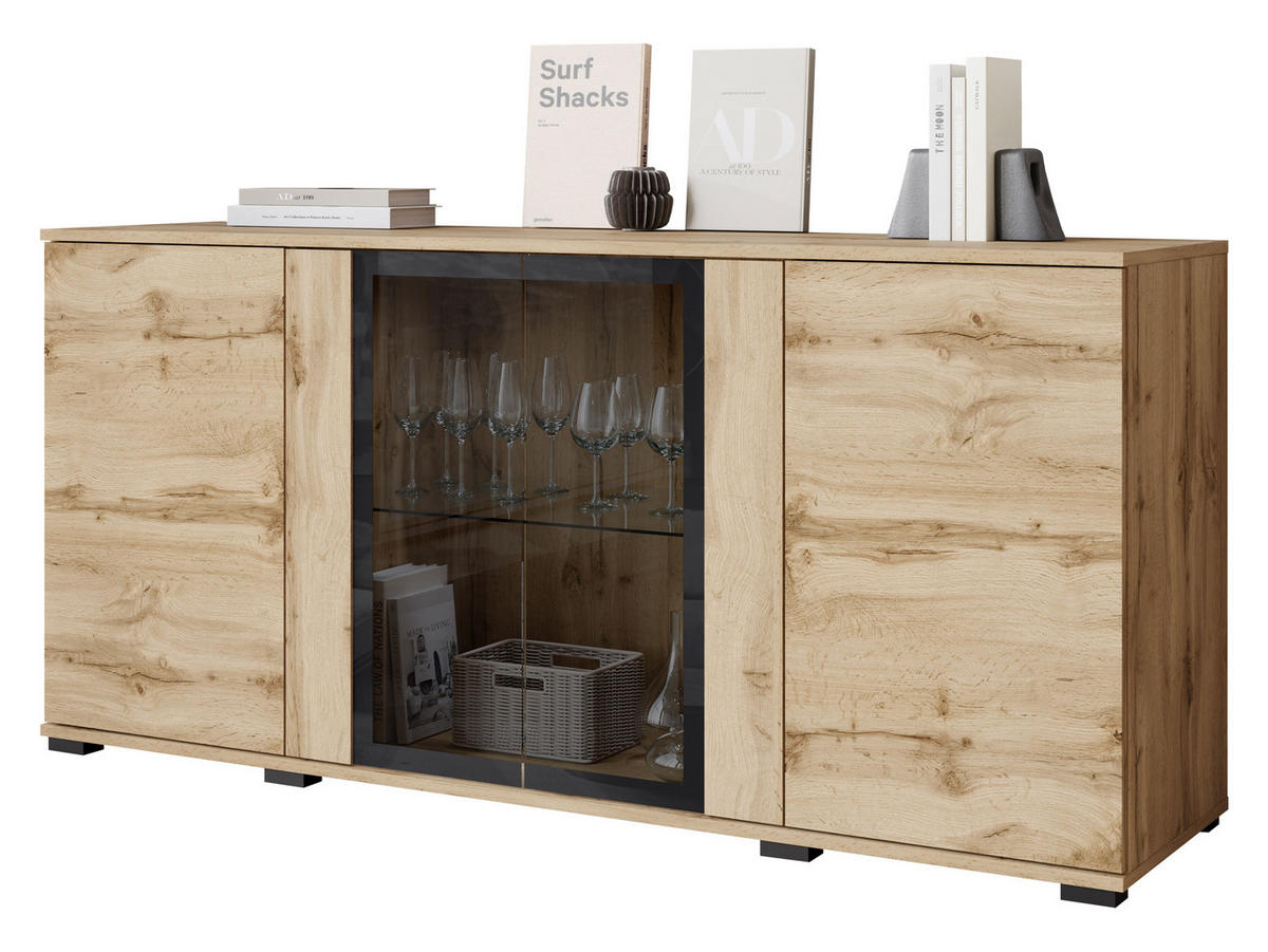 KOMMODE Caro SB 154 4D - Eiche Wotan/Schwarz, Holzwerkstoff/Kunststoff (150/70/40cm) - MIRJAN24
