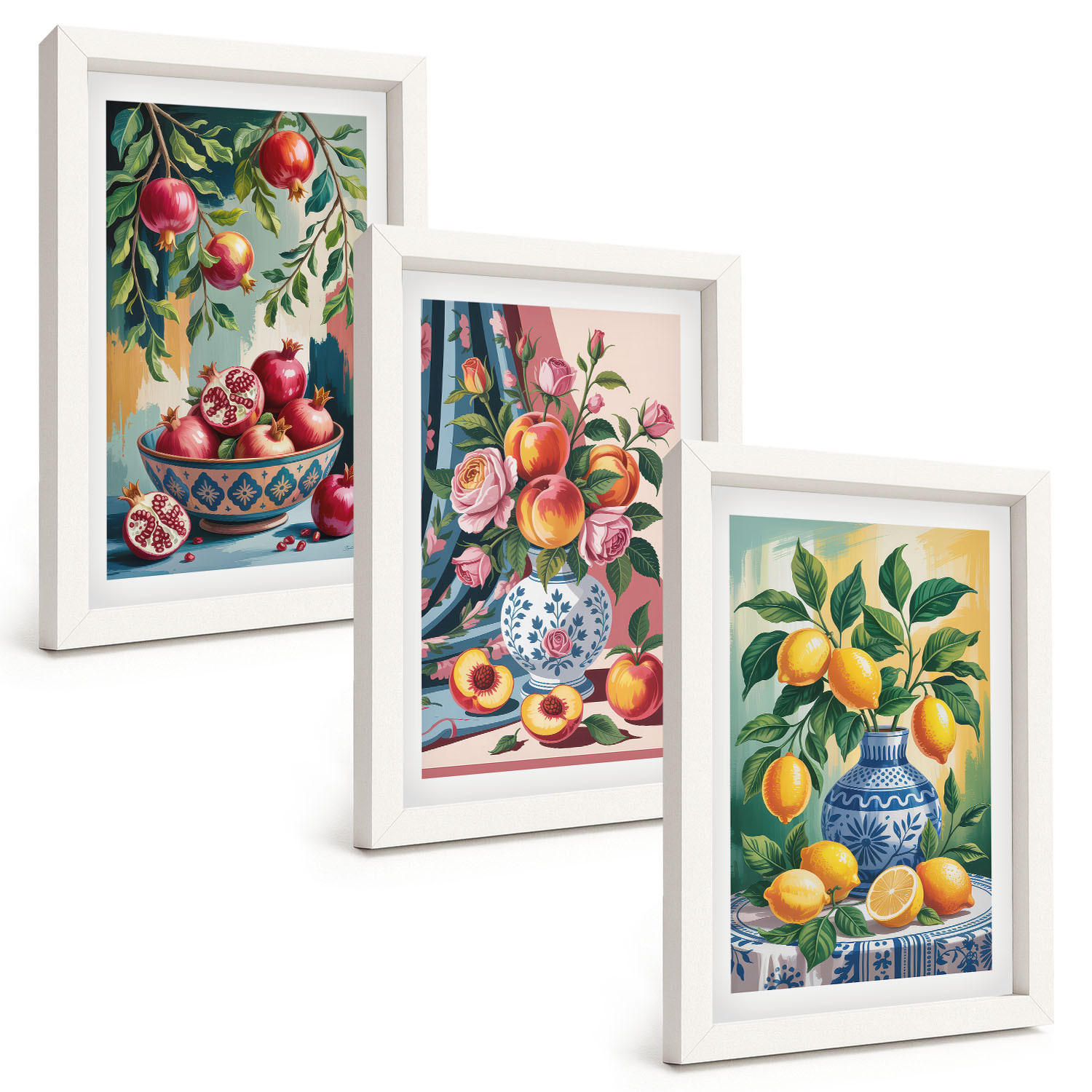 BILDER SET 3er Set - 20x30 cm Weißer Rahmen - Blumen und Früchte in Vasen - Weiß, Kunststoff (20/30cm) - TULUP