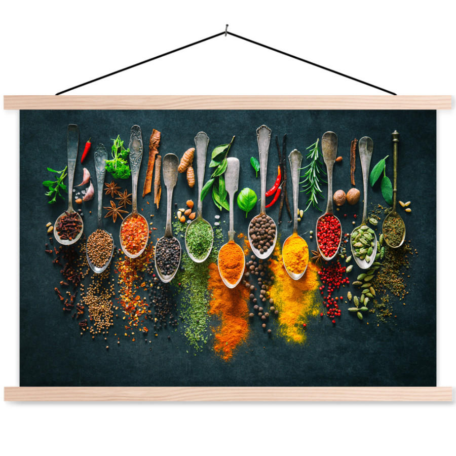 POSTER Kräuter - Gewürze - Löffel 90x60 cm - Currygelb, Textil (90/60/0.15cm) - MuchoWow