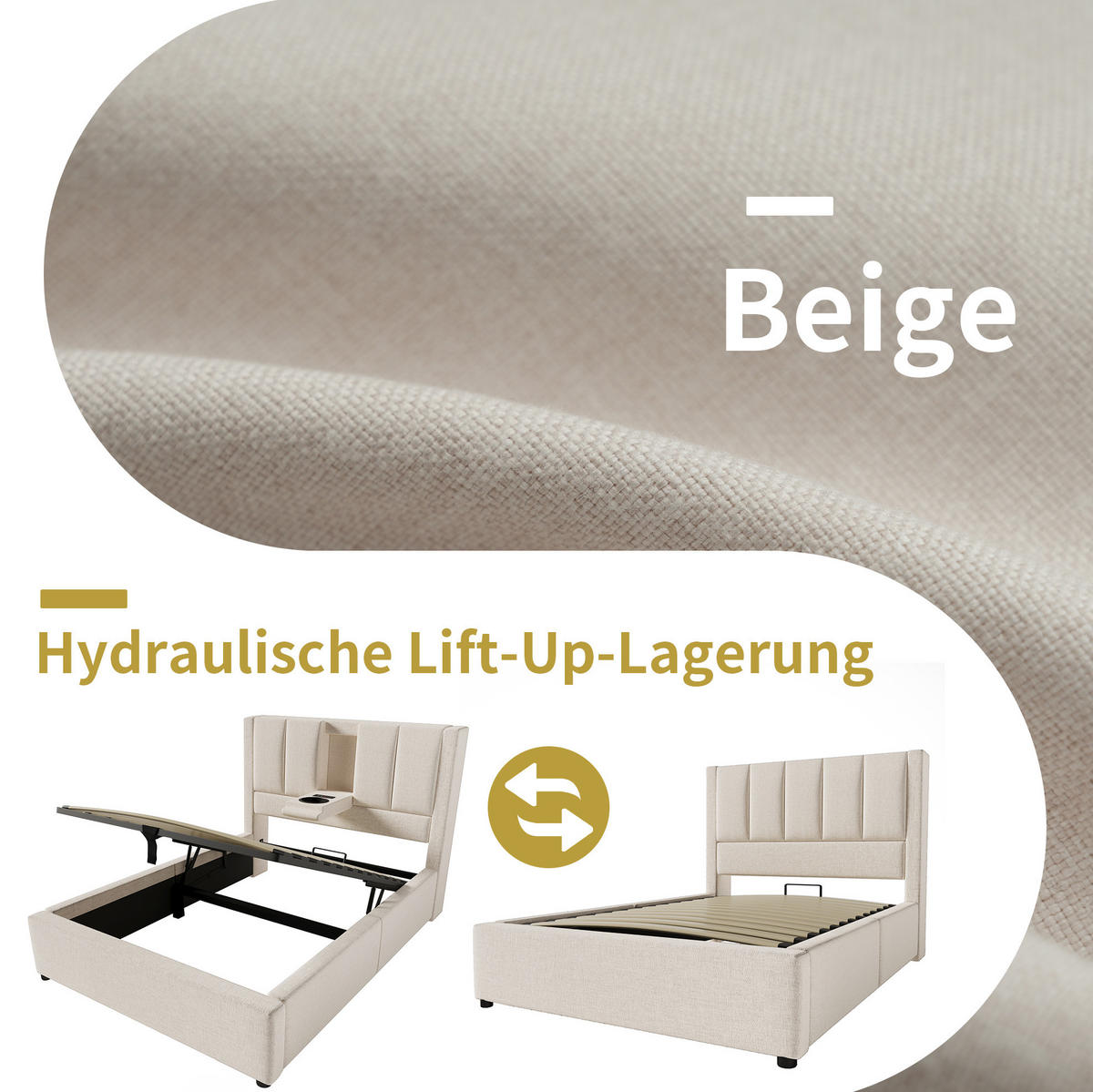 POLSTERBETT 90/200 cm mit Ladestation, verstecktem Becherhalter und hydraulischem Stauraum, Leinen und Matratze, Beige - Beige, Textil (90/200cm) - Redom