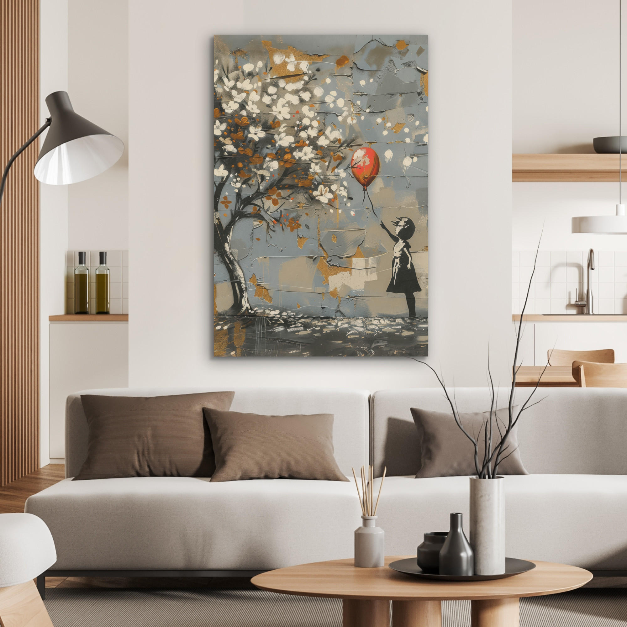 AKUSTIKPANEEL Baum - Graffiti - Banksy-Stil - Ballon-Mädchen 70x100 cm - Blaugrau, Textil (70/0.9/100cm) - MuchoWow