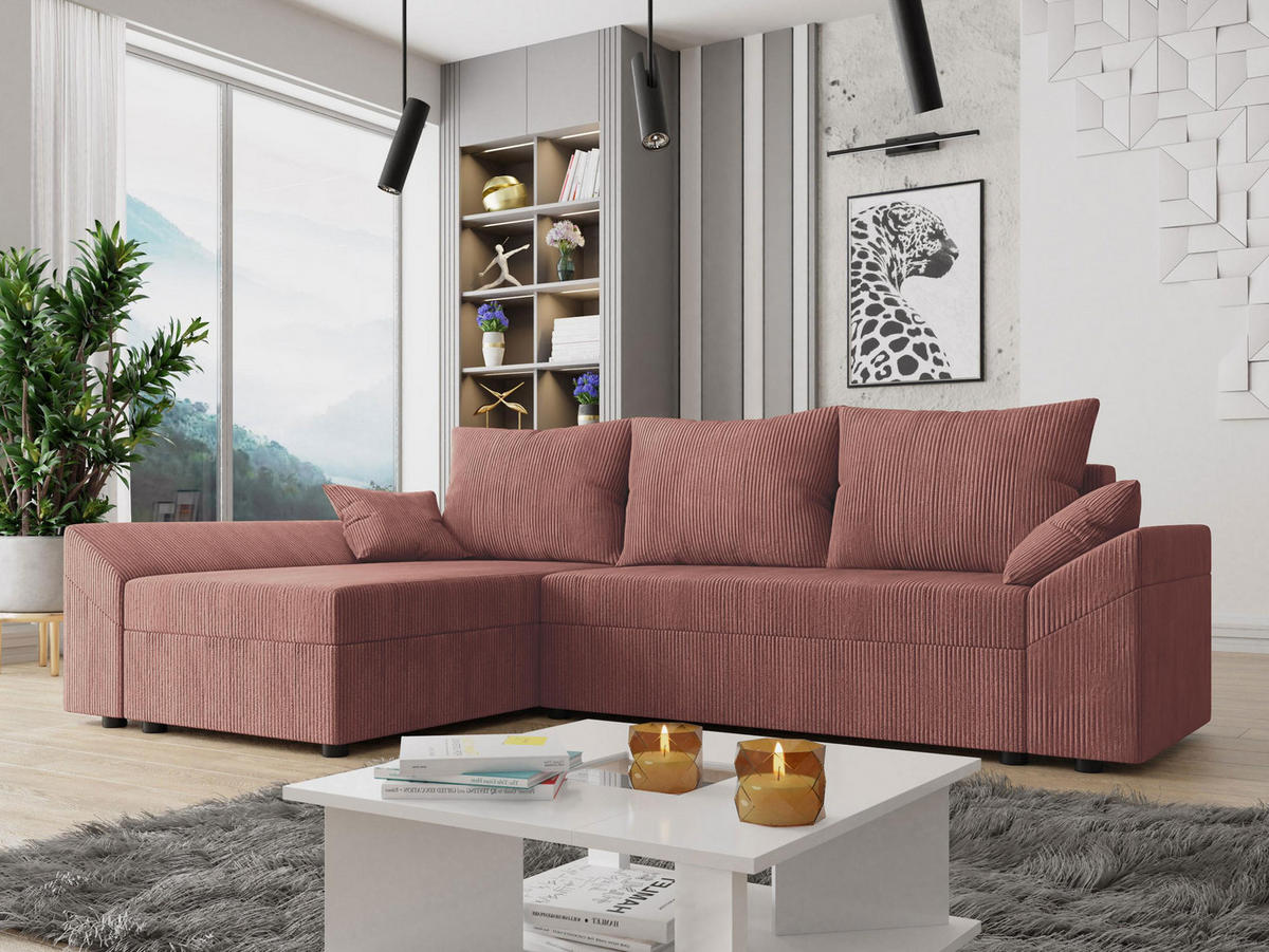 ECKSOFA Dante L Cord - Schwarz/Rosa, Holz/Kunststoff (240/140cm) - MIRJAN24
