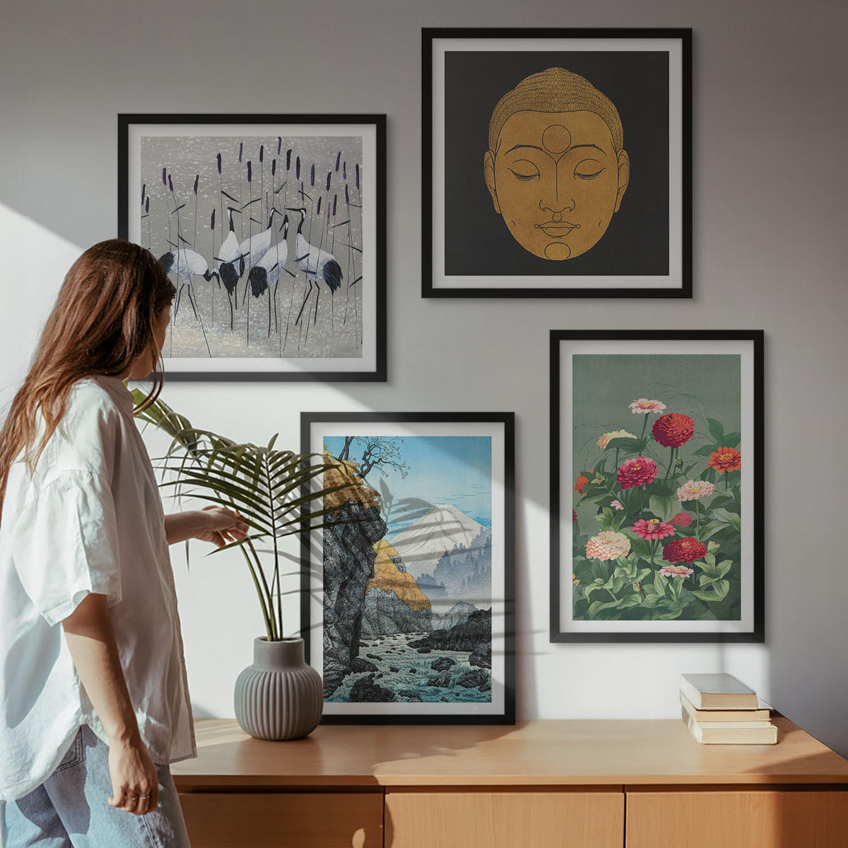 WANDBILDER 4er-Set - 50x50 cm & 40x60 cm Schwarzer Rahmen - Japanische Natur und Japandi-Stil - Schwarz, Kunststoff (50/50cm) - ArtPrintCave