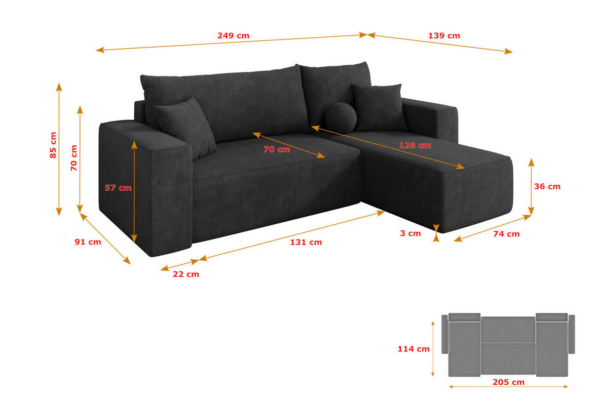 ROHOVÁ SEDAČKA s funkcí spaní, otoman vpravo SENO-L 249x139x85 tmavě šedá velur - černá/antracitová, kompozitní dřevo/textil (249/139cm) - ALTDECOR