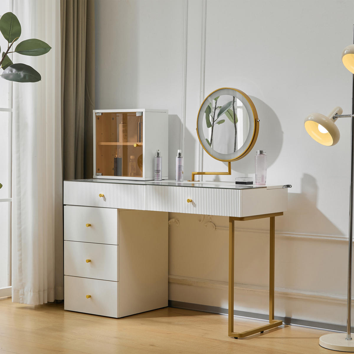 SCHMINKTISCH in Weiß Frisiertisch-Set mit LED Spiegel Glasplatte seitlichem Schrank für Schlafzimmer, B120/T45/H115cm - Transparent/Goldfarben, Glas/Holzwerkstoff (120/115/45cm) - STILVORA