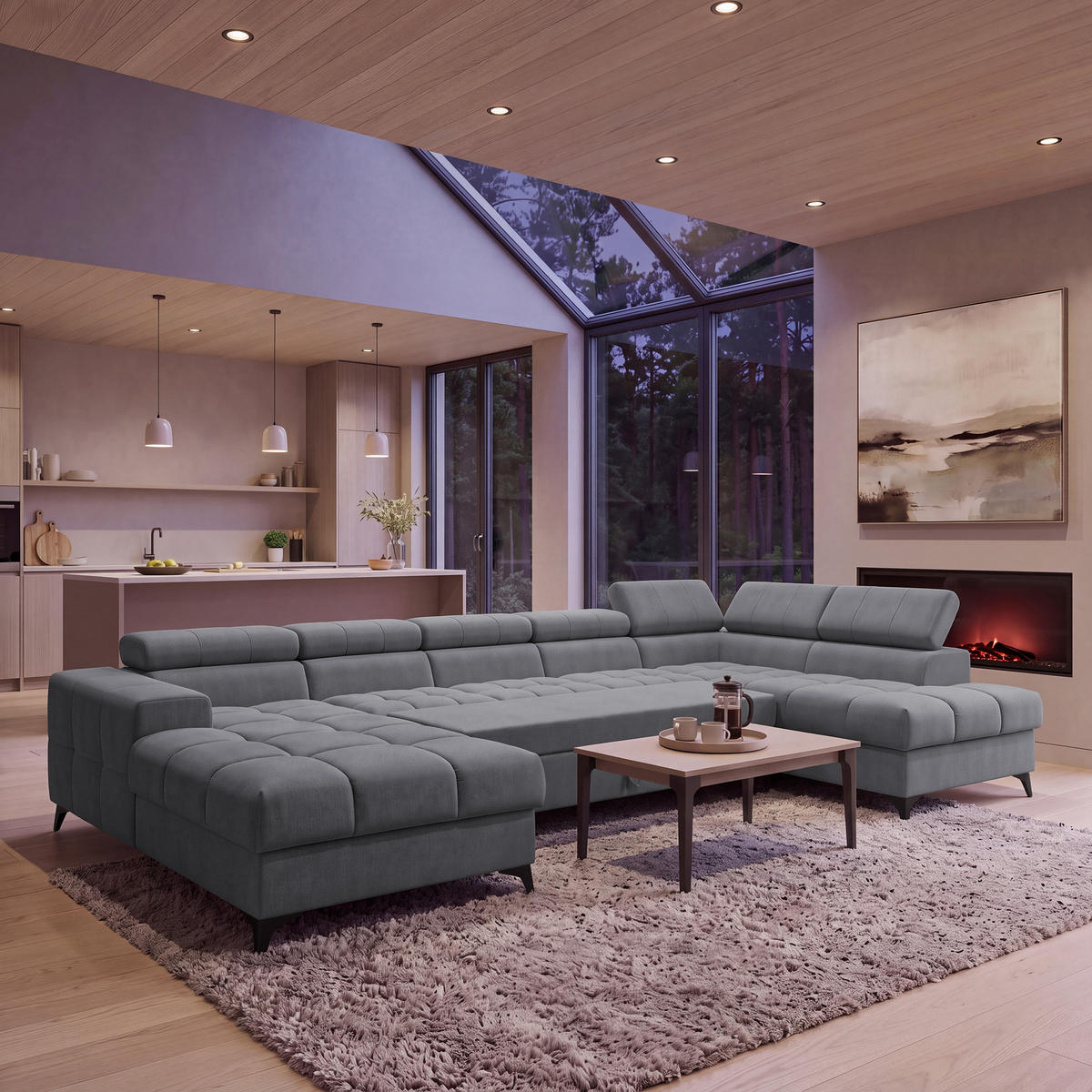 ECKSOFA PUDDING MAXI U Rechts mit Schlaffunktion 125x330 Velours Dunkelgrau - Dunkelgrau/Schwarz, Holz/Textil (421/203cm) - Muffo