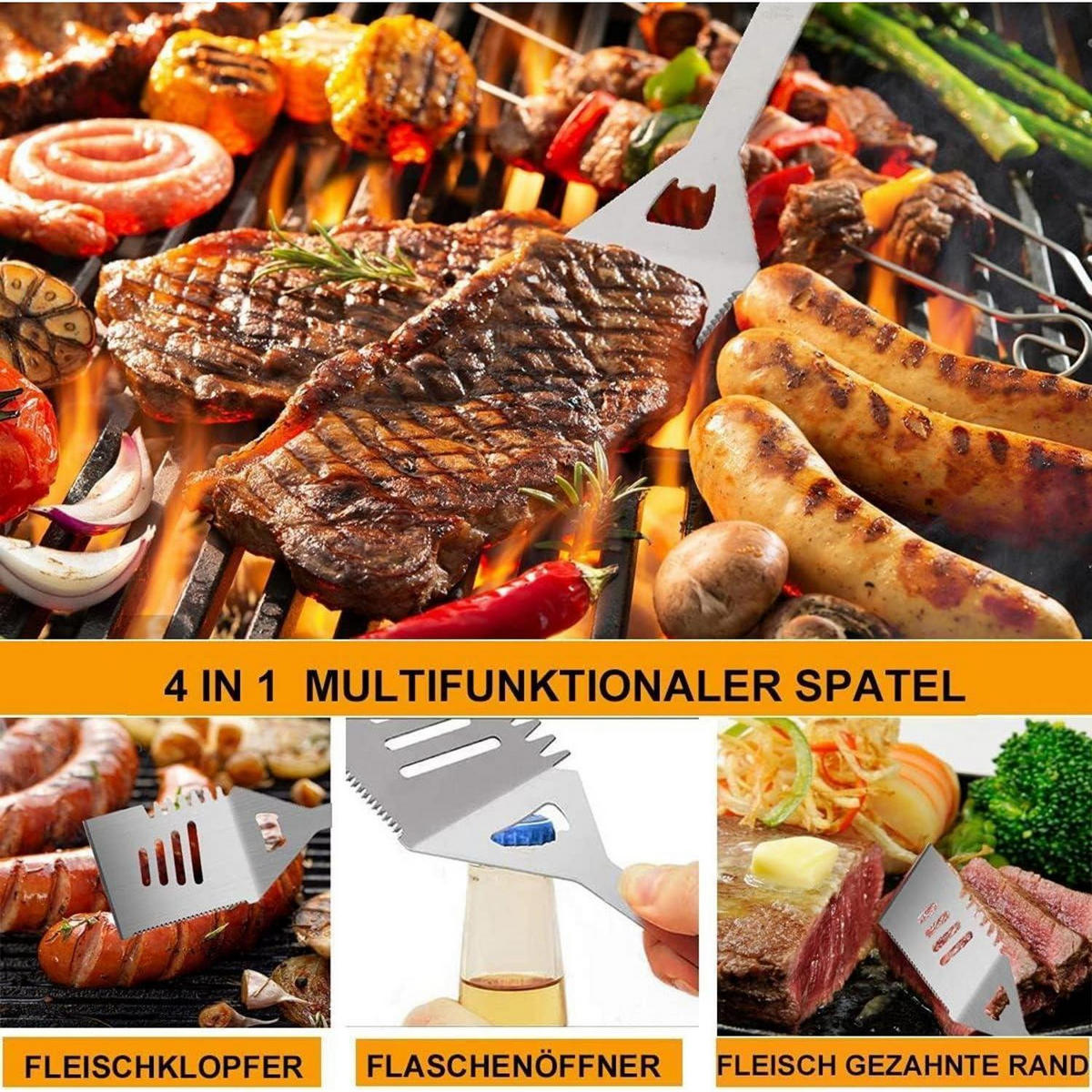 GRILLBESTECK Set 20-teilig Edelstahl mit Schürze und Koffer - Multicolor, Metall (38.3cm)
