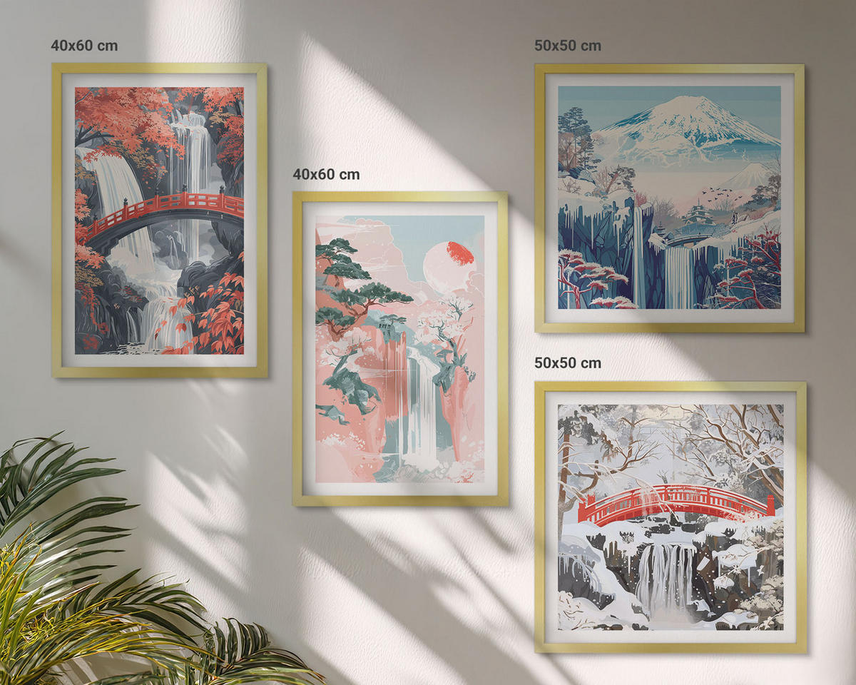 BILDER SET 4er Set - 50x50 cm & 40x60 cm Goldrahmen - Wasserfälle, Brücken, Bäume, Jahreszeiten - Goldfarben, Kunststoff (50/50cm) - TULUP
