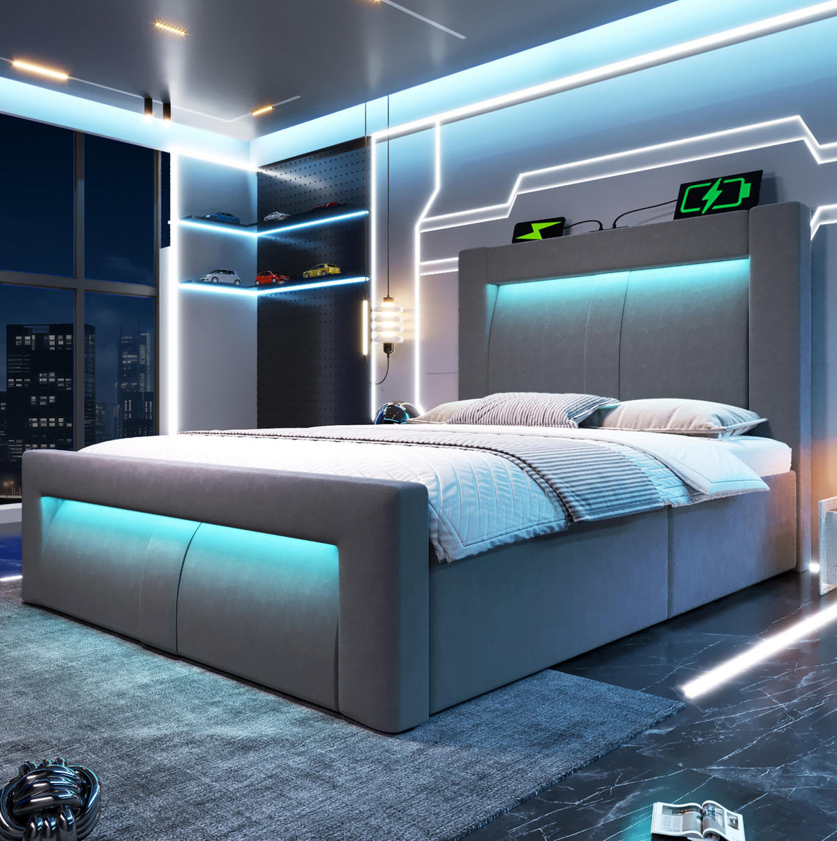 POLSTERBETT 90/200 cm Grau aus Samt mit Stauraum und LED-Beleuchtung - Grau, Textil (90/200cm) - OKMYHOME