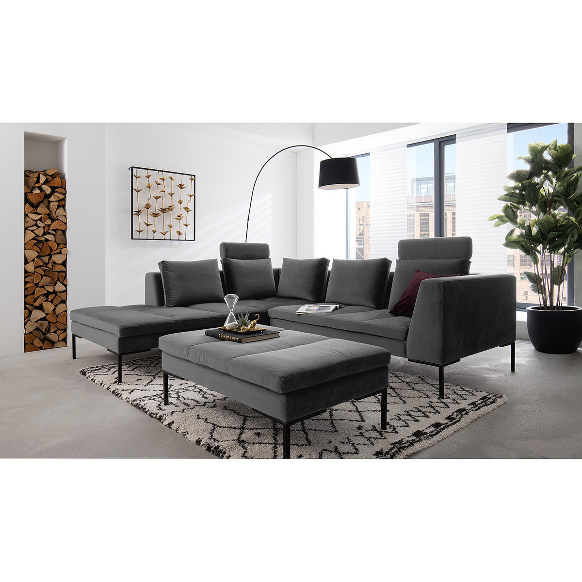 ECKSOFA mit Ottomane - Schwarz/Grau, Textil/Metall (255/230cm) - home24