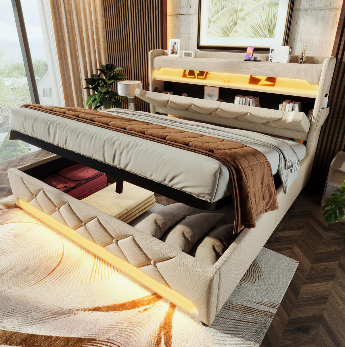 POLSTERBETT mit Stauraum und LED 160x200 cm Leinen Beige - Beige, Metall (160/200cm) - Meubliv
