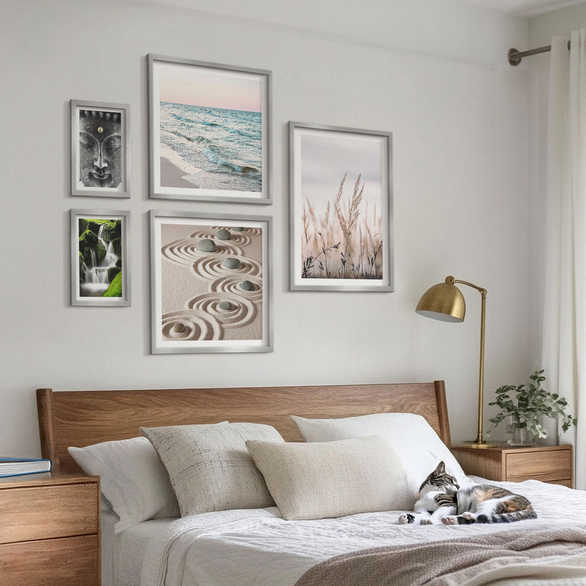 BILDER SET 5er Set - 50x50 cm & 20x30 cm & 40x60 cm Silberner Rahmen - Nachthimmel, Berge, Sterne - Silberfarben, Kunststoff (40/60cm) - TULUP