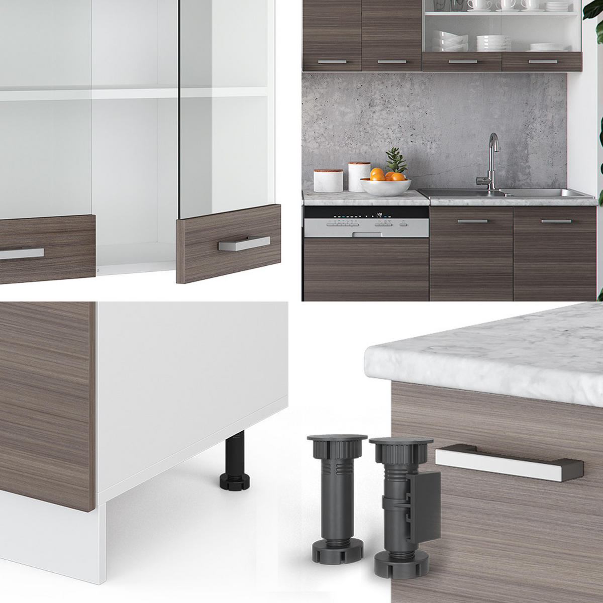 KÜCHE R-Line Edelgrau/Weiß 300 cm, AP Marmor - Braun/Weiß, Holzwerkstoff (300/81.6/60cm) - Vicco
