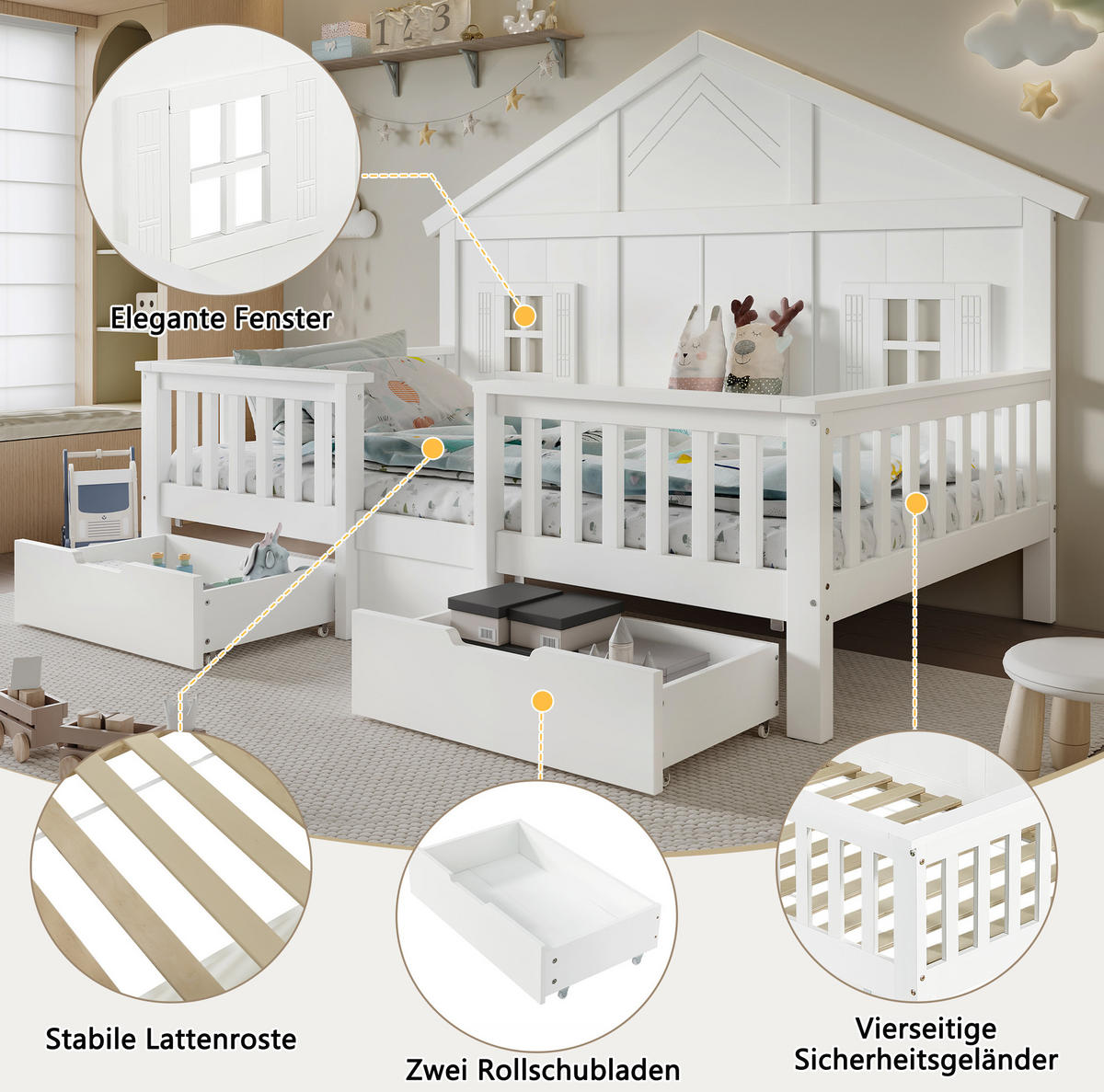 KINDERBETT aus Kiefer und MDF 90x200 cm Weiß mit 2 Schubladen, Dach und Fensterdetails - Weiß, Holzwerkstoff (90/200cm) - Modfu