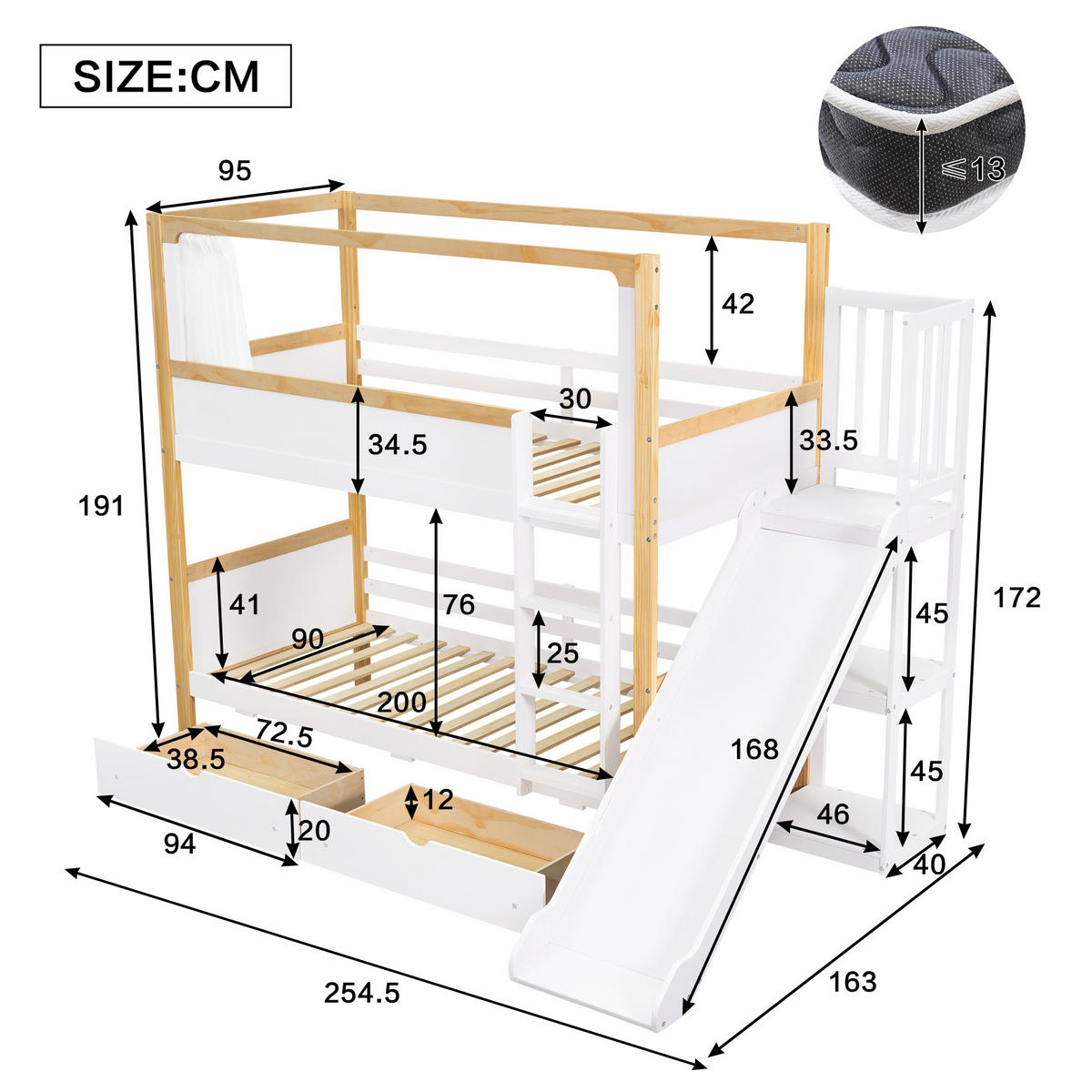 ETAGENBETT 90/200 cm Weiß+Natur mit Kinderrutsche und Stauraum - Weiß, Holzwerkstoff (90/200cm) - OKWISH