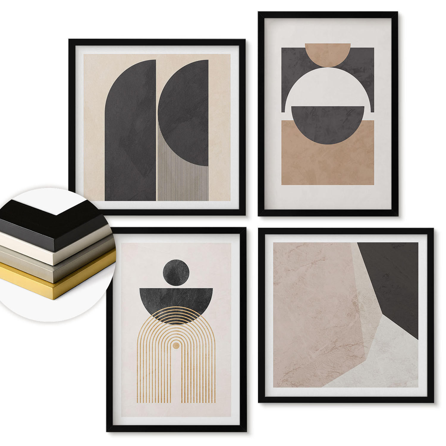 WANDBILDER 4er-Set - 50x50 cm & 40x60 cm Schwarzer Rahmen - Abstrakte Formen beige braun - Schwarz, Kunststoff (50/50cm) - ArtPrintCave