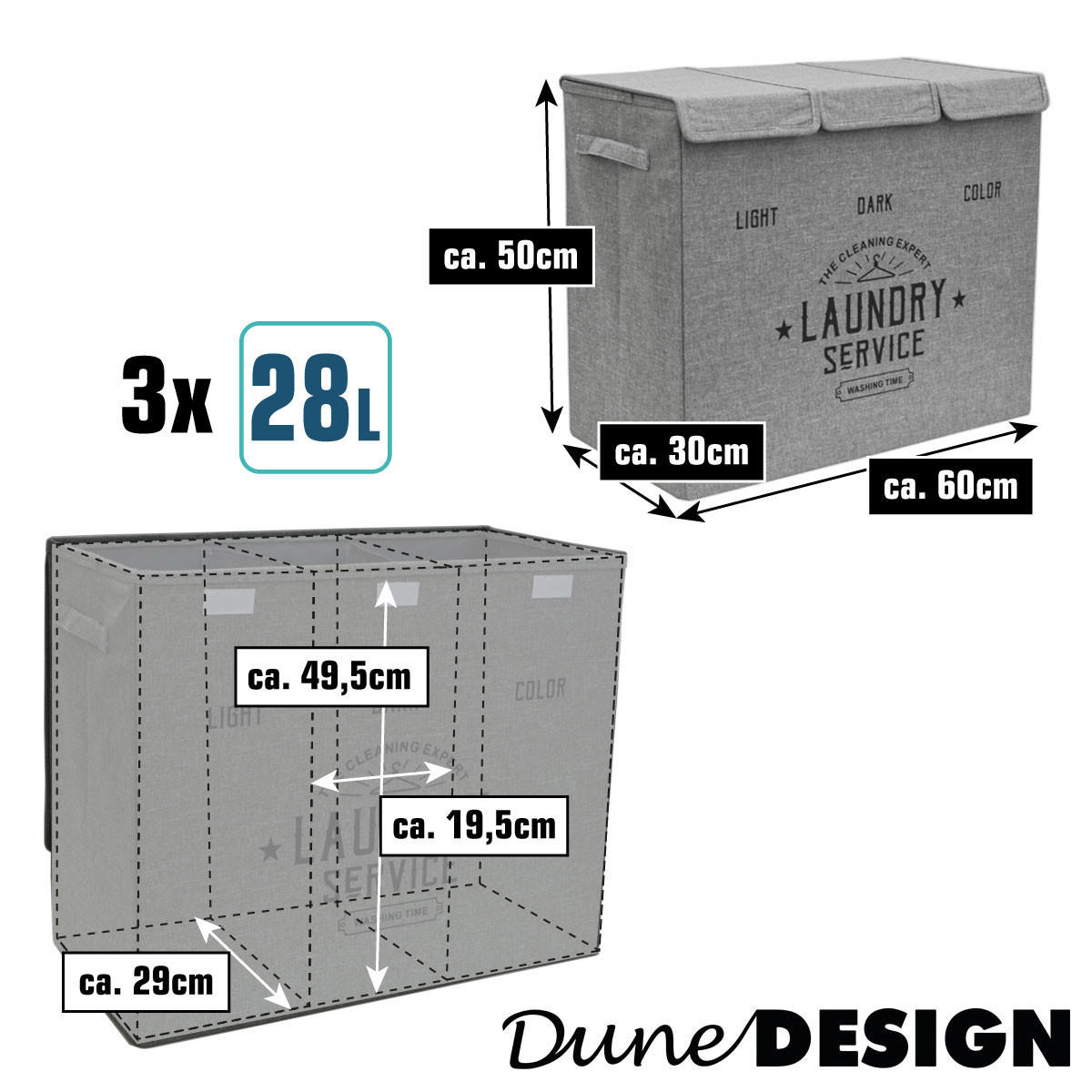 WÄSCHEKORB mit 3 Fächern, 60/30/50 cm Beige - Beige, Kunststoff (30/50/60cm) - Dunedesign