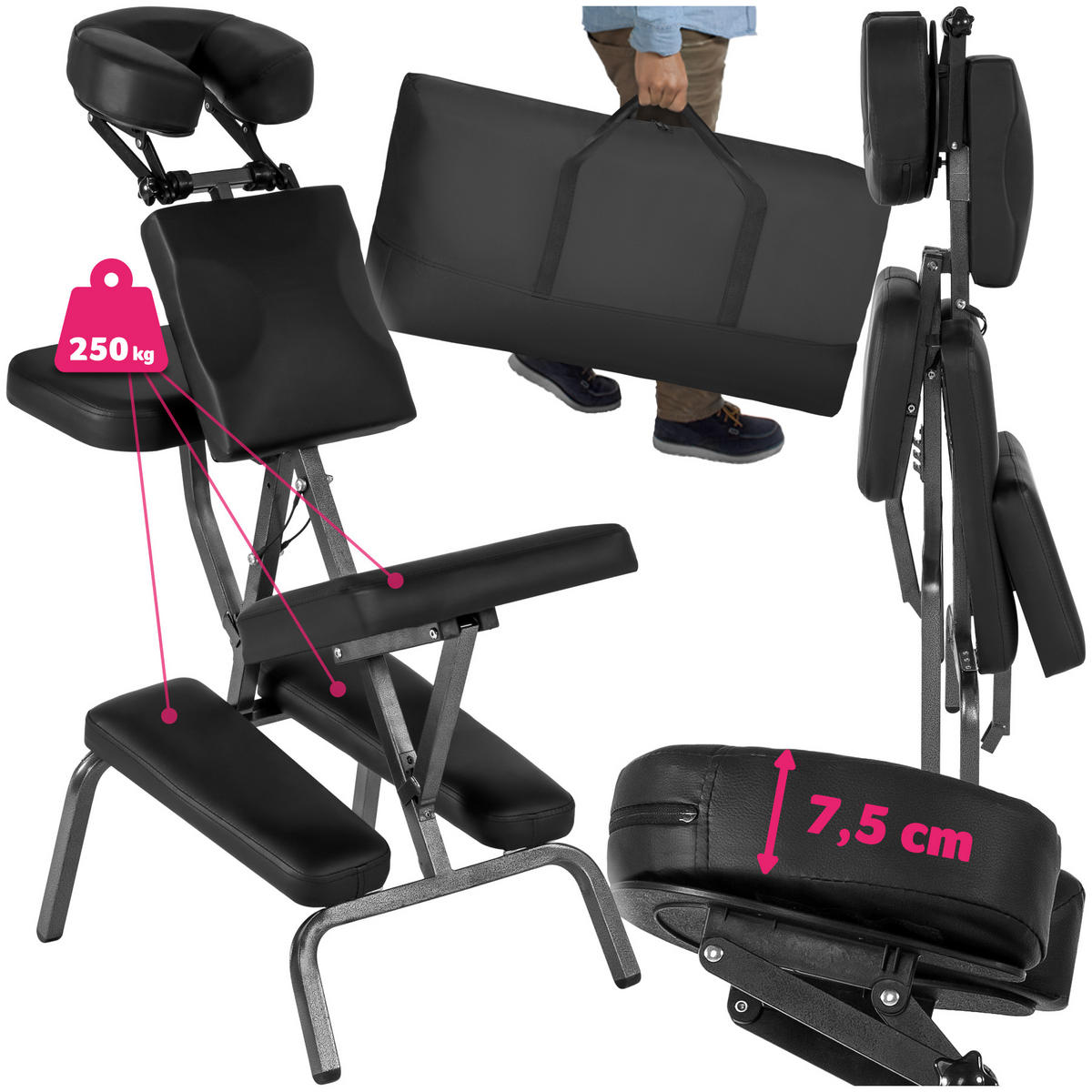 MASSAGESTUHL ,80 x 50 x 105 cm,schwarz - Schwarz, Metall (50/105/80cm) - tectake