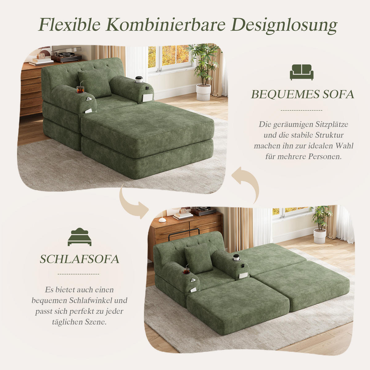 SCHLAFSOFA mit Hocker, Liegefunktion und Getränkehaltern aus Cord in Grün - Grün, Textil (191/60/162cm) - EVRYAE