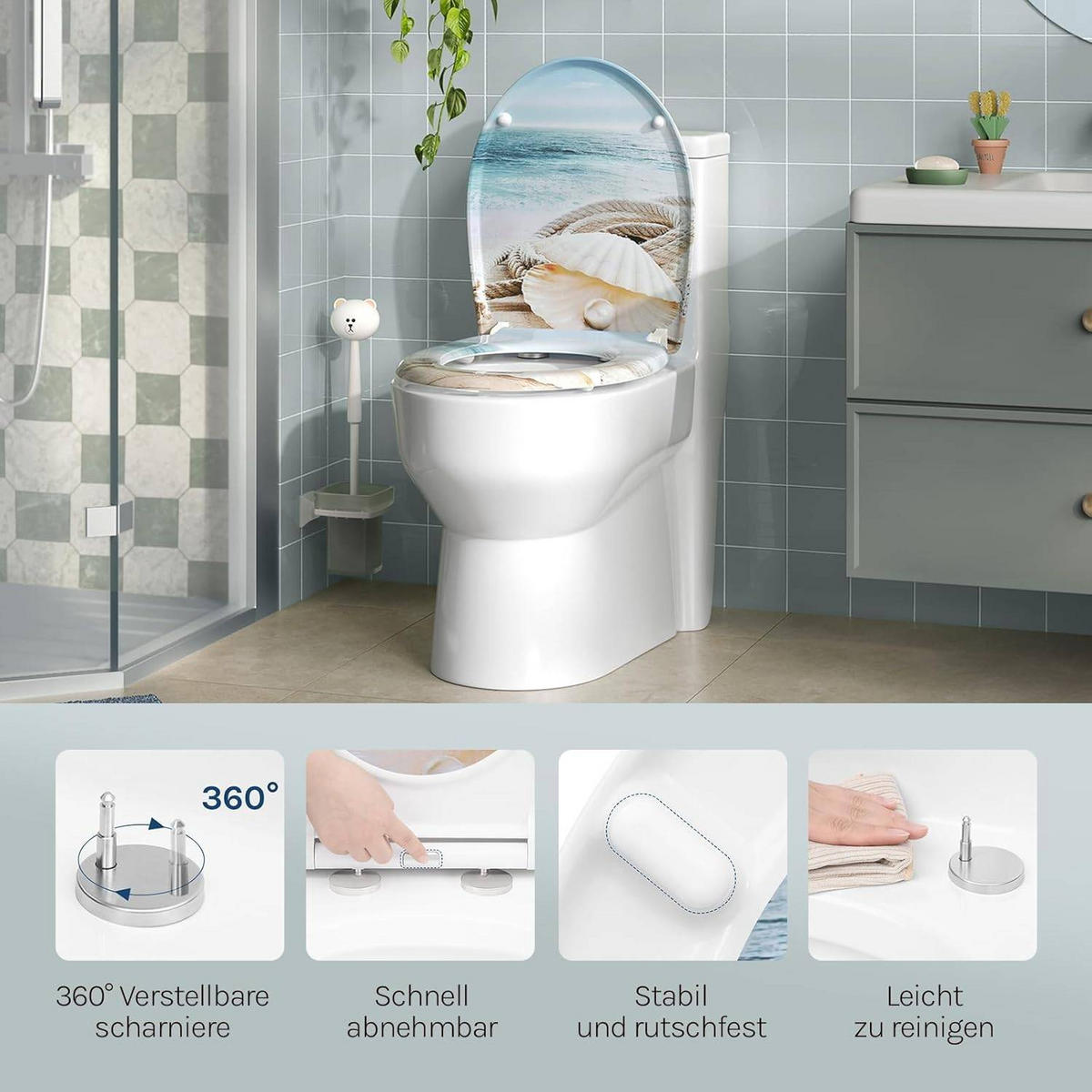 TOILETTENDECKEL mit Absenkautomatik, Duroplast, Weiße Perle - Blau/Weiß, Kunststoff (37/2.5/45cm) - Woltu