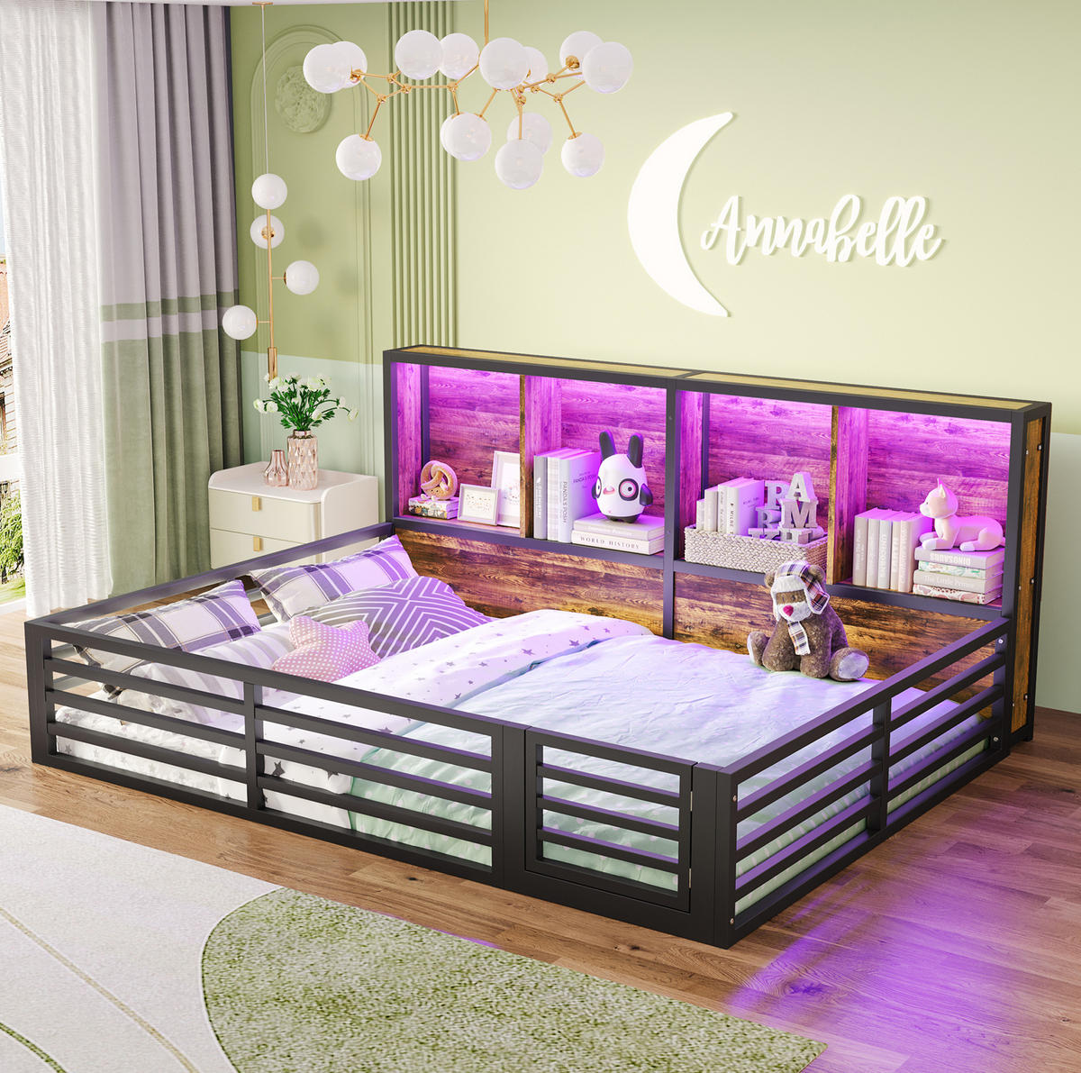 KINDERBETT aus MDF & Metall 140x200 cm in Schwarz mit LED-Beleuchtung - Schwarz, Metall (140/200cm) - Modfu